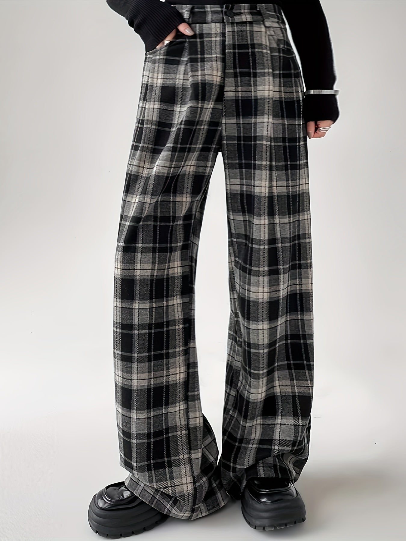 Plus Size Plaid Wide-Leg Pants for Women Casual High-Waist Button Detail