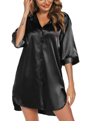 Plus Size Women's Casual Shirt Dress Long Sleeve Black Button-Up Nightgown