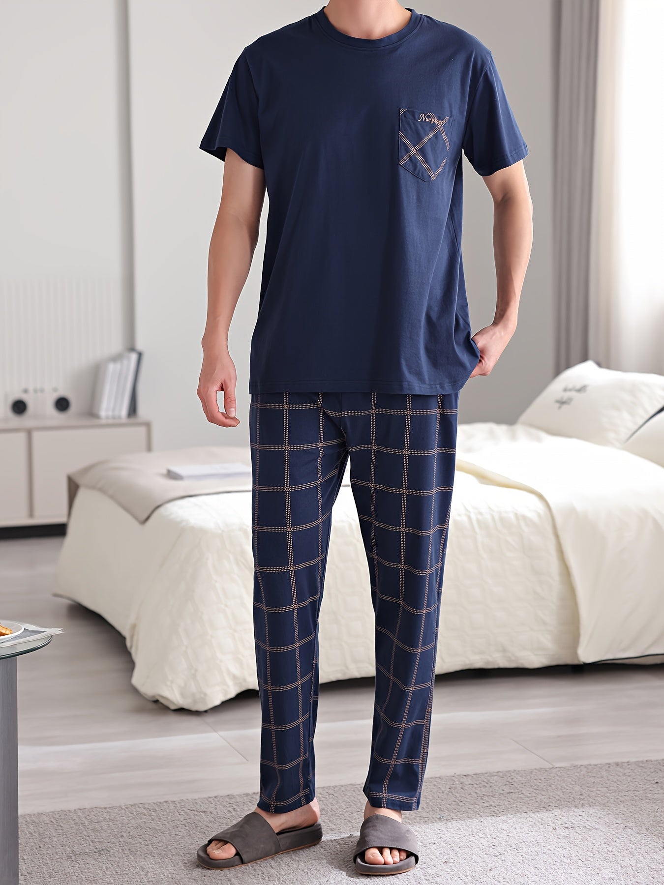 Men's Plus Size Cotton Short Sleeve Pajama Set with Plaid Trousers Lounge Wear