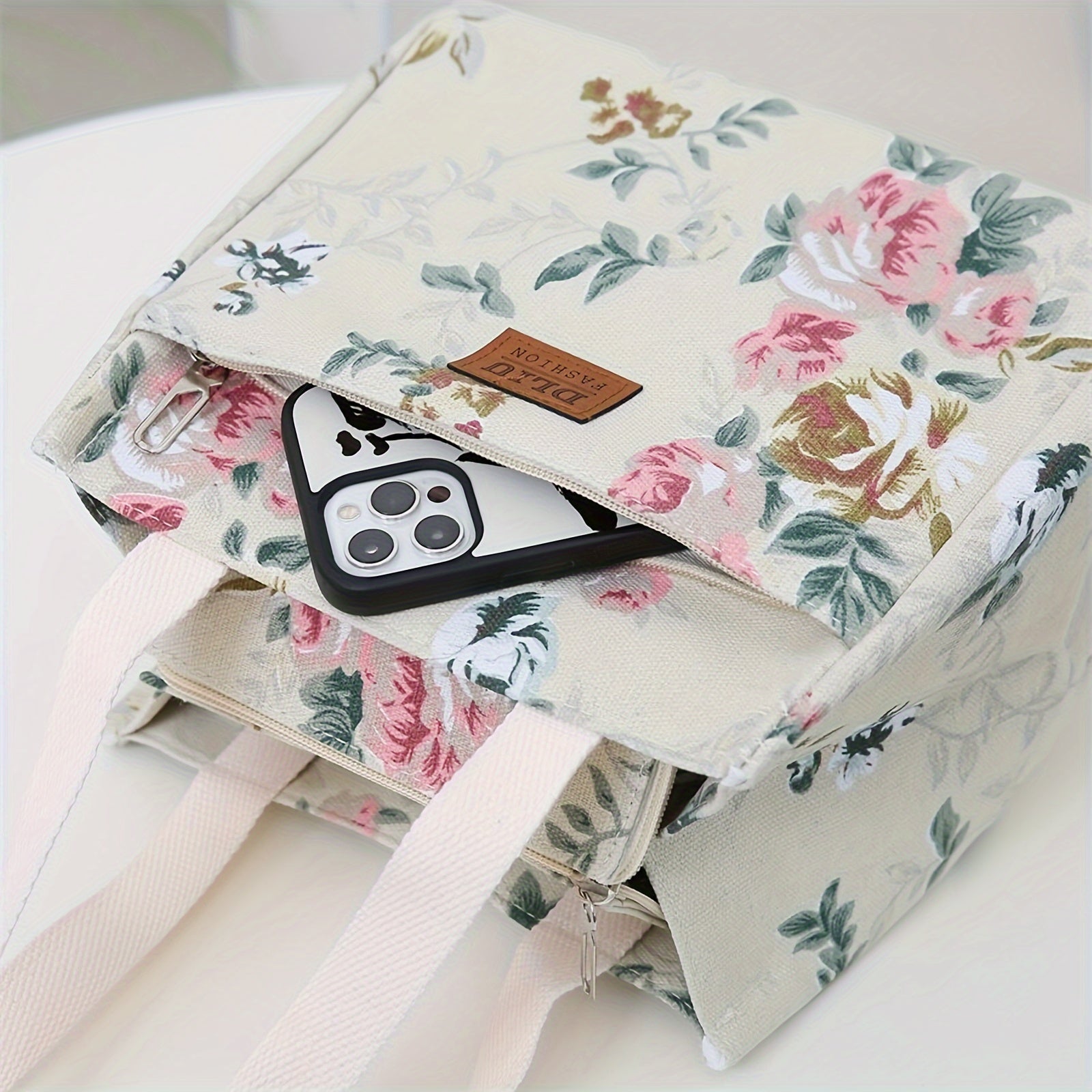 Insulated Floral Lunch Bag with Aluminum Foil, Thermal Tote for Picnics and Travel