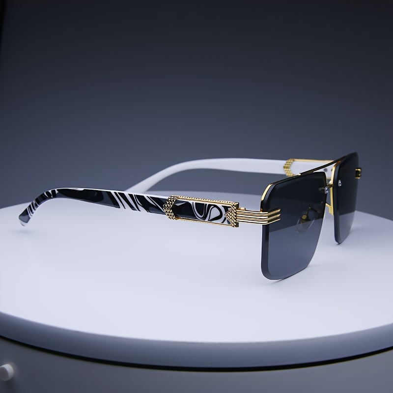 Men's Retro Fashion Glasses with Diamond Cut Edges Rectangular Rimless Marble Wood Accents