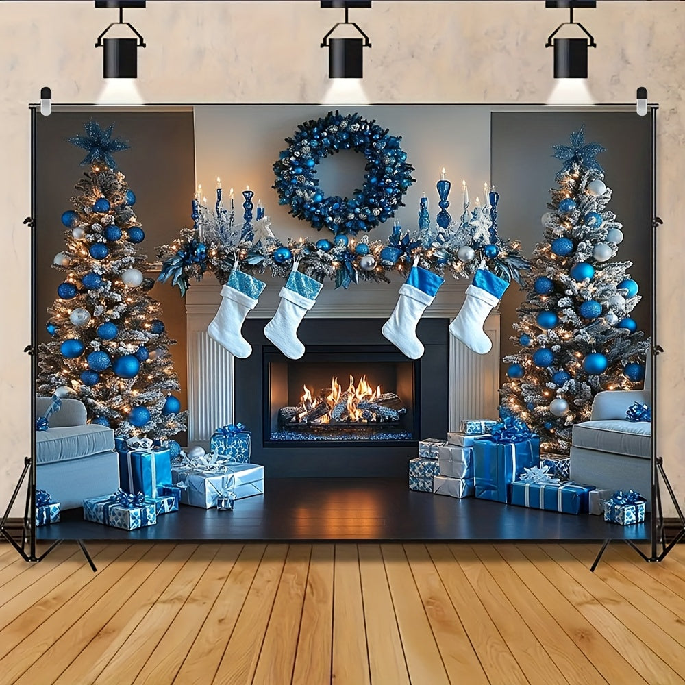 Blue and White Fireplace Backdrop Polyester Decor Multi-Season Wall Covering