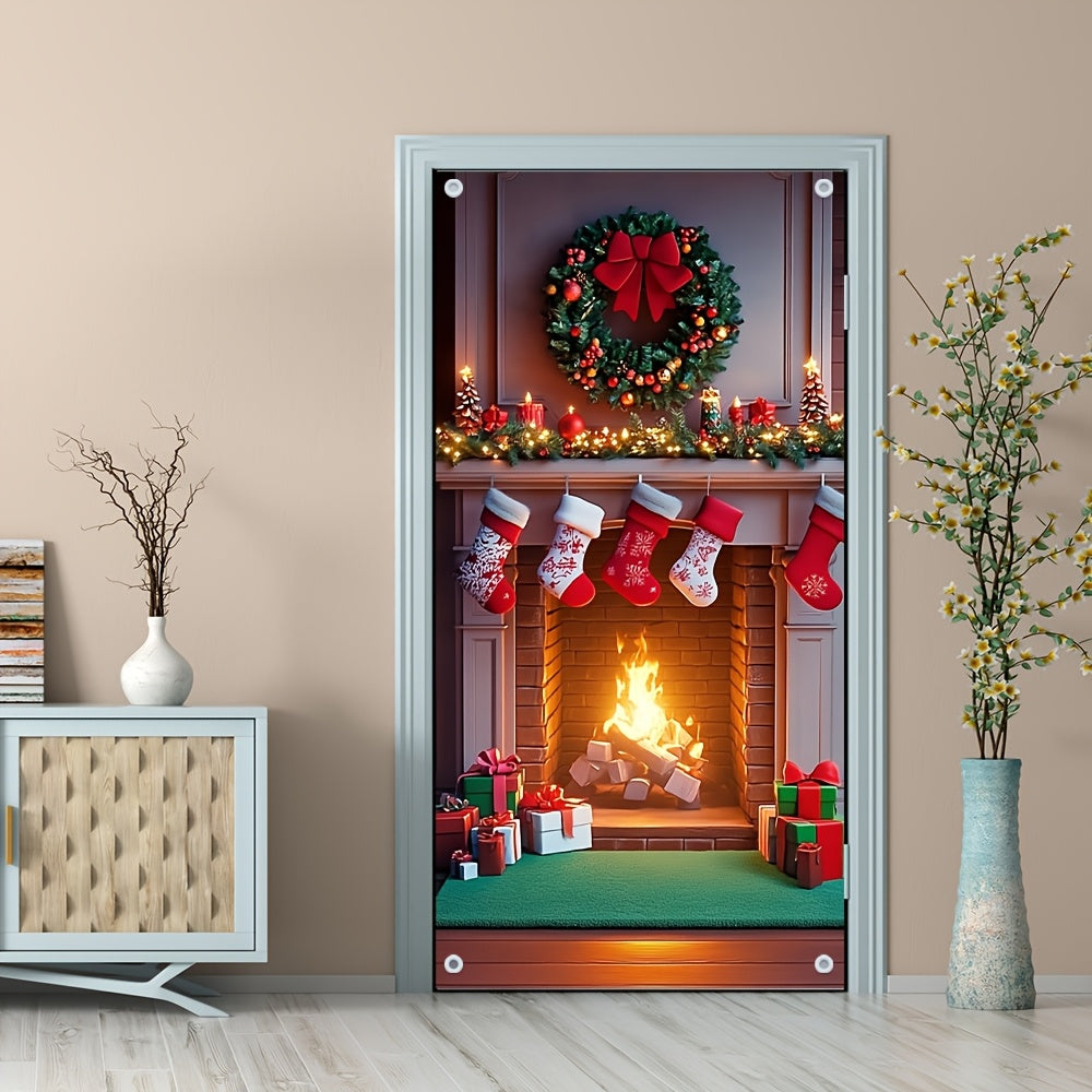 Multi-Functional Christmas Fireplace Door Cover Polyester Festive Decor