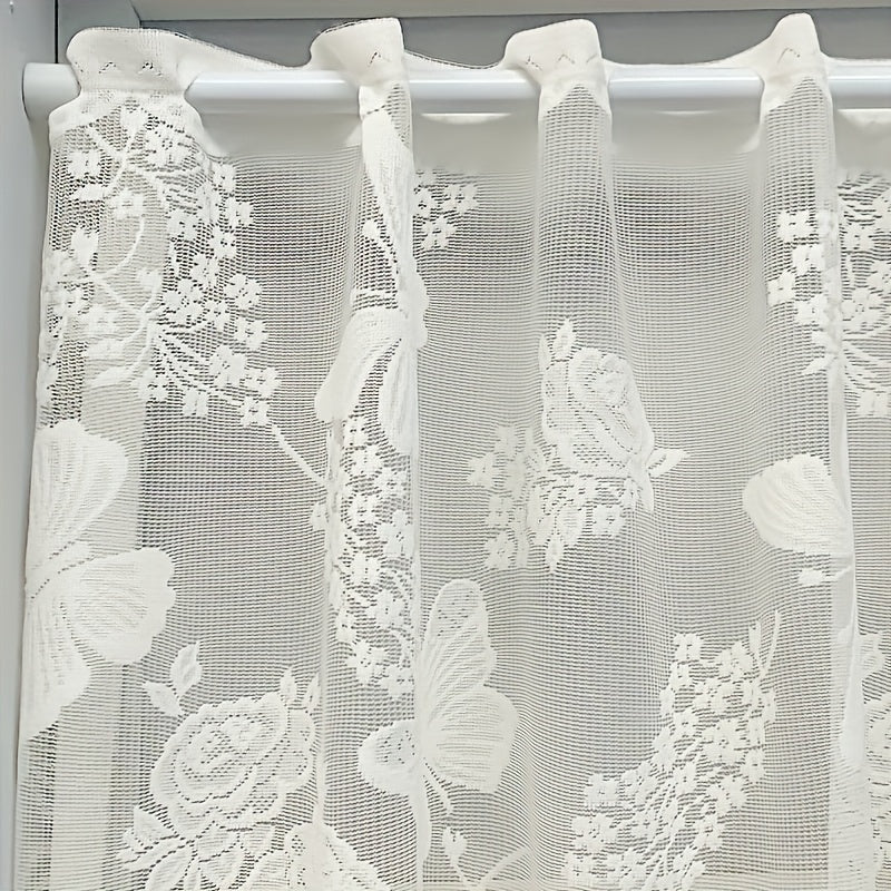 White Lace Butterfly Floral Curtain UV Protection Rod Pocket for Kitchen Living Room