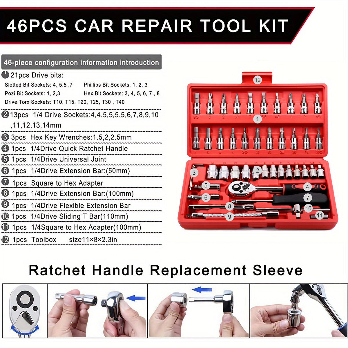 Kit de herramientas de reparación para coche y bicicleta de 46 piezas con juego de llaves de carraca y dados