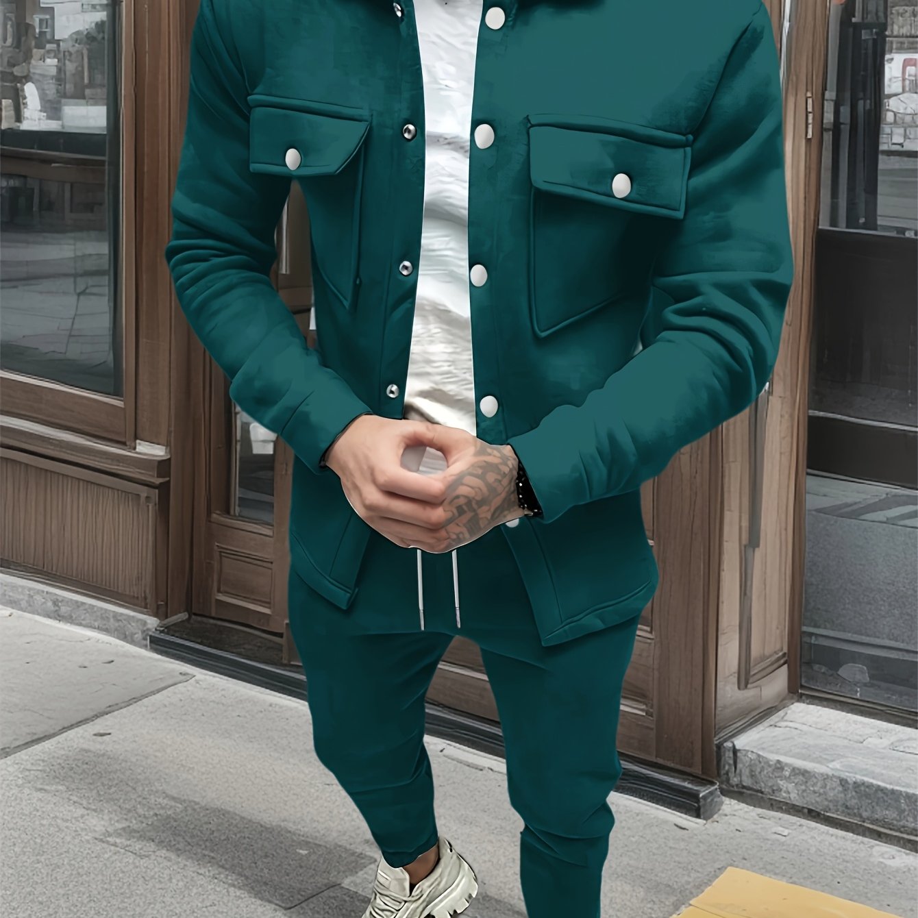 Men's Casual Solid Color Polyester Outfit Long Sleeve Button-Down Jacket and Drawstring Pants for Fall Winter