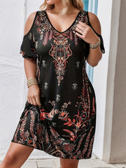 Women's Plus Size Bohemian Tribal Print Dress V-Neck Short Sleeve Knit
