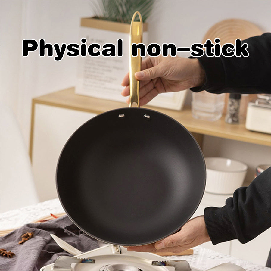 Flat-Bottomed Wok with Golden Handle for Chinese Cooking on Electric and Gas Stoves Dishwasher Safe Kitchen Cookware