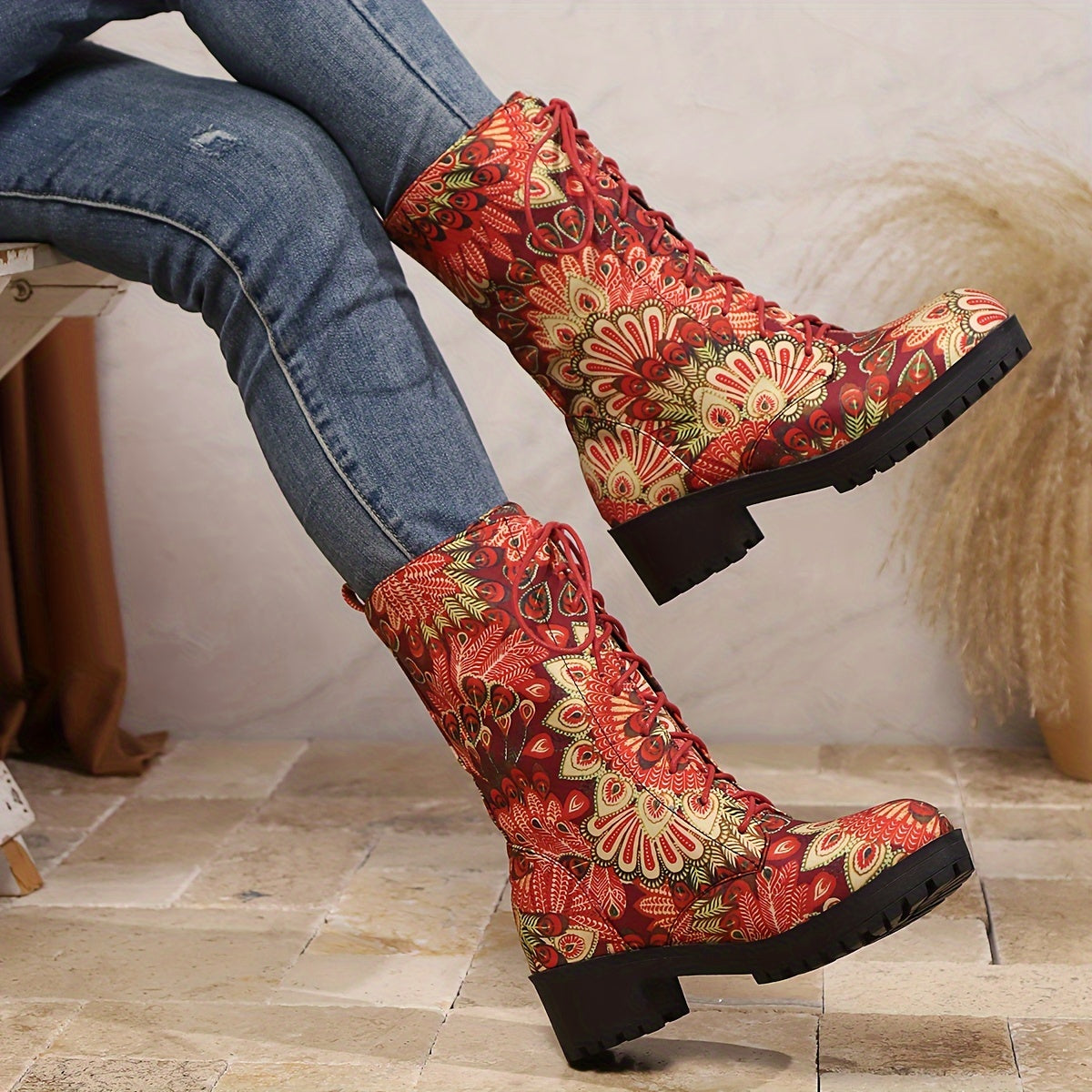Women's Plus Size Floral Print Riding Boots Black Pink Red All-Season