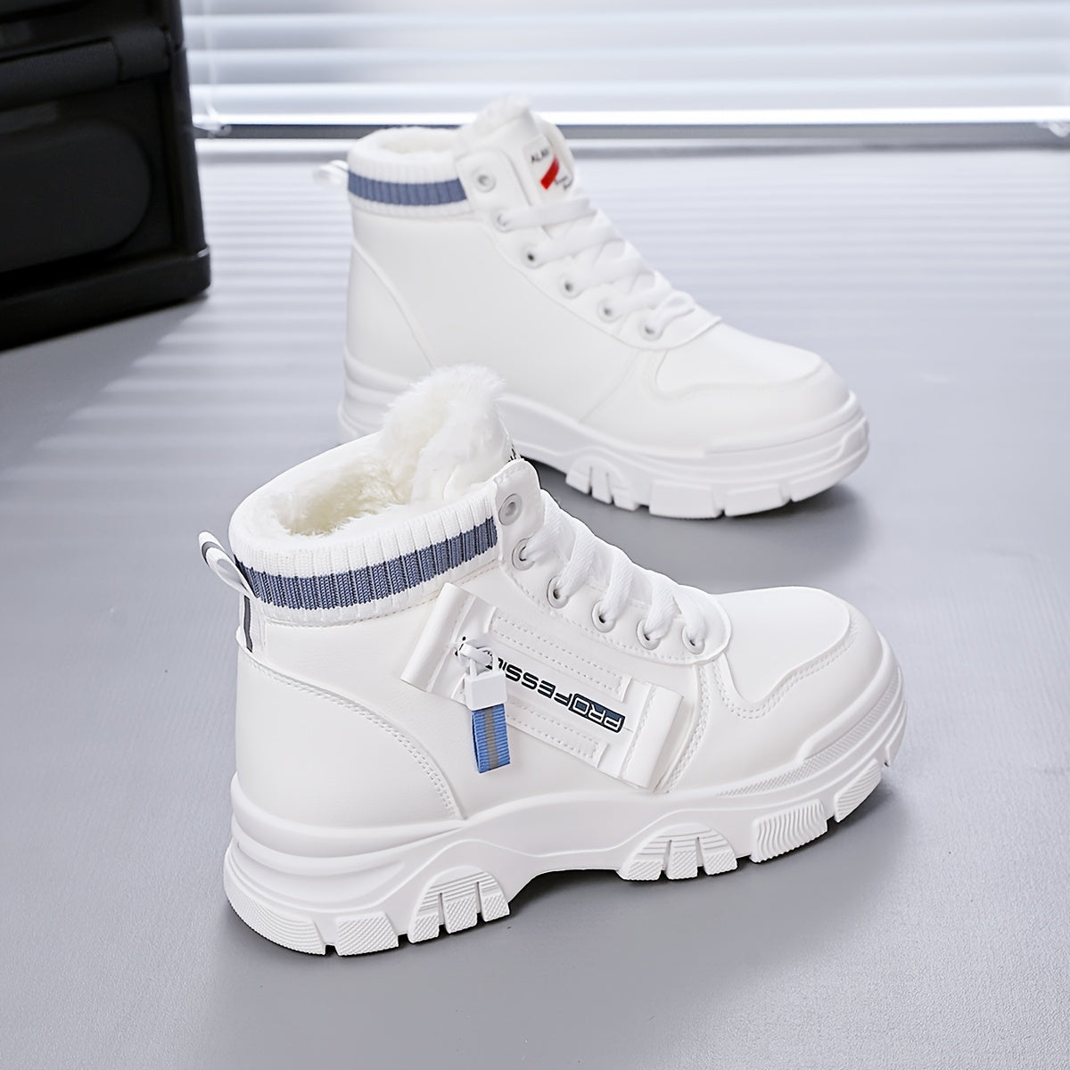 Women's Warm Winter High-Top Sneakers with Fleece Lining and Blue Straps