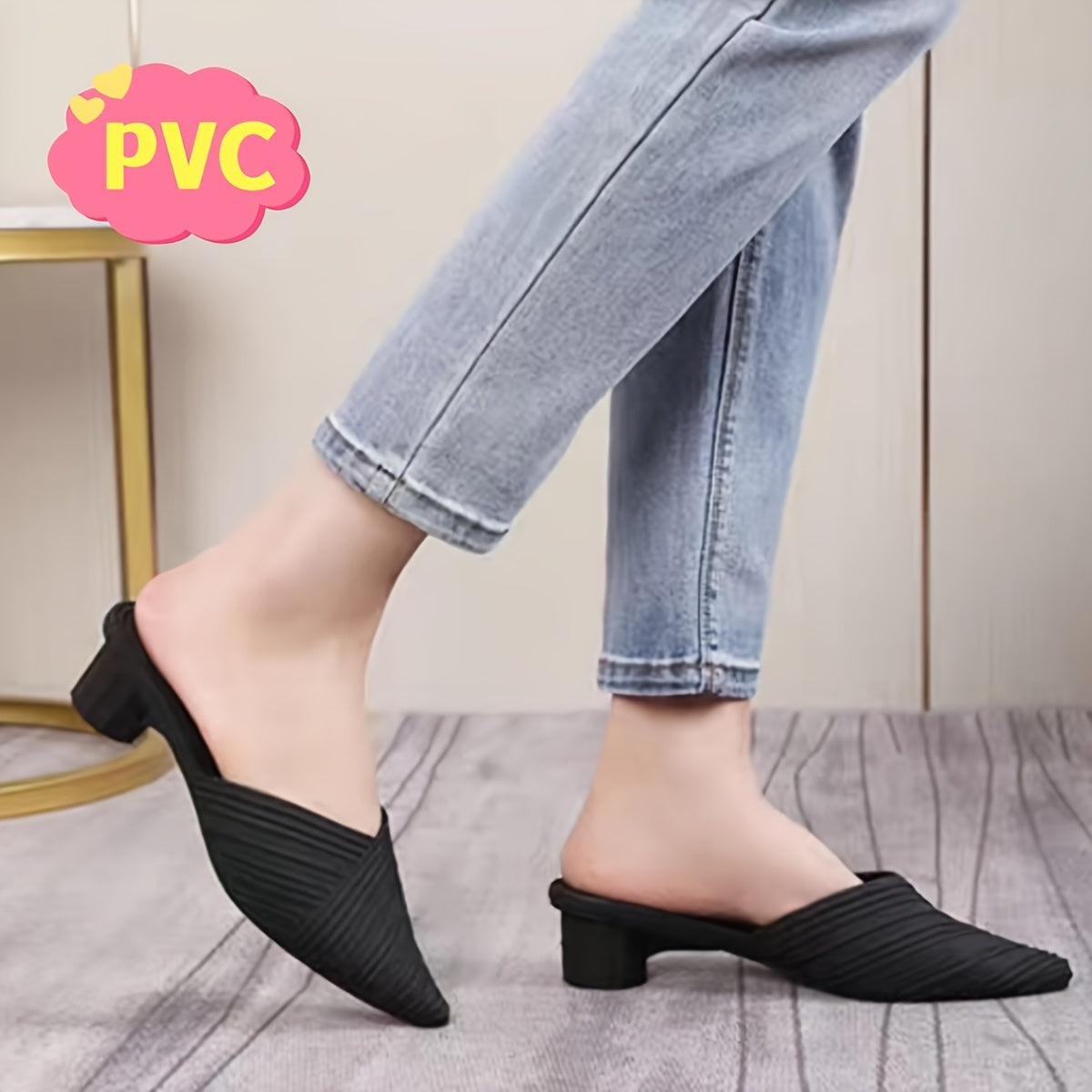 Women's Striped PVC Slides with Pointed Toe and Mid Heel