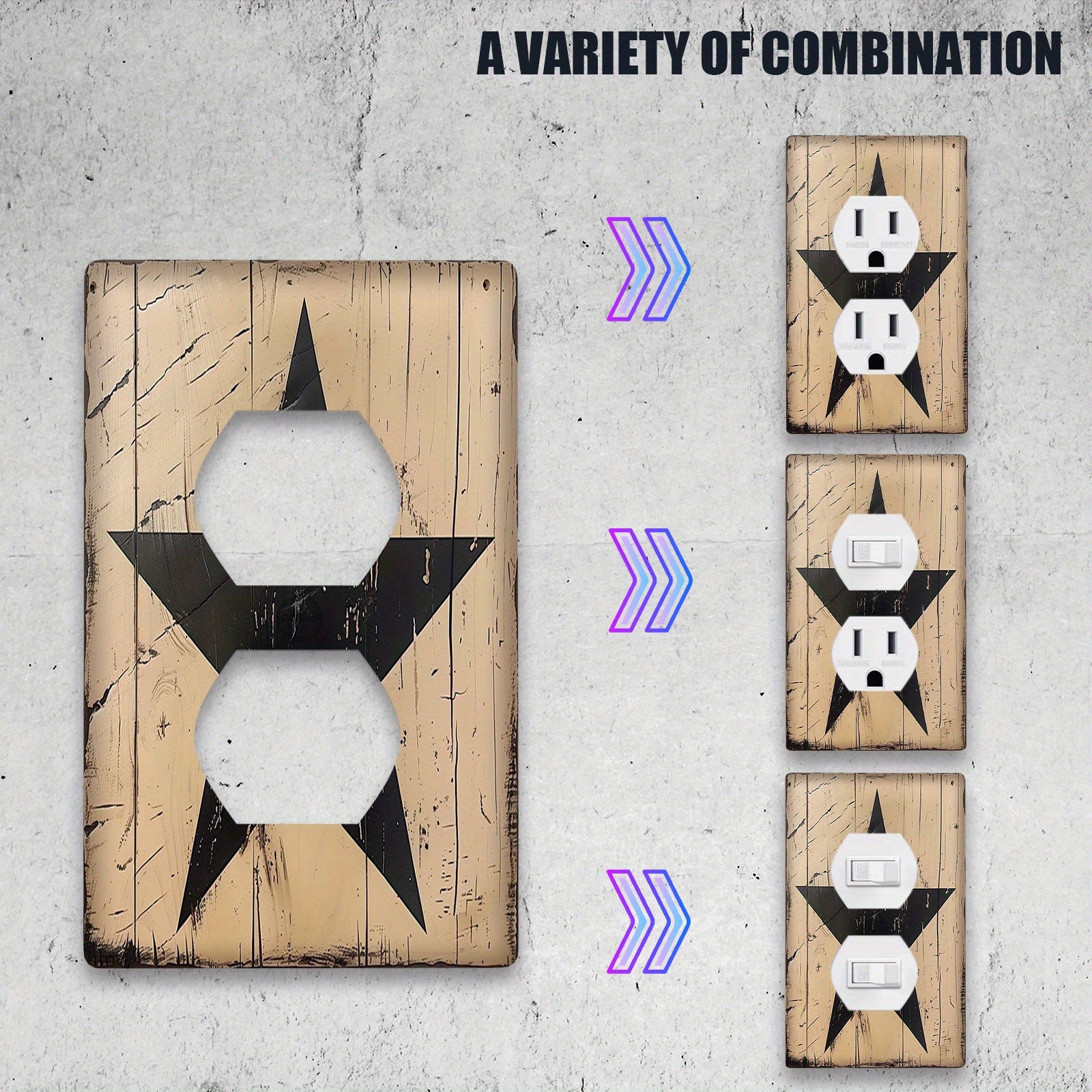 Qo'l bilan bo'yalgan rustik qora yulduz devor plitkasi yengil kalitlarga bezak qo'shadi. Elektr energiyasi talab qilinmaydi, tozalash oson, qishloq uslubidagi hammom yoki yotoq xonasi bezaklari uchun mos. Yagona va ikki gang variantlarida mavjud.