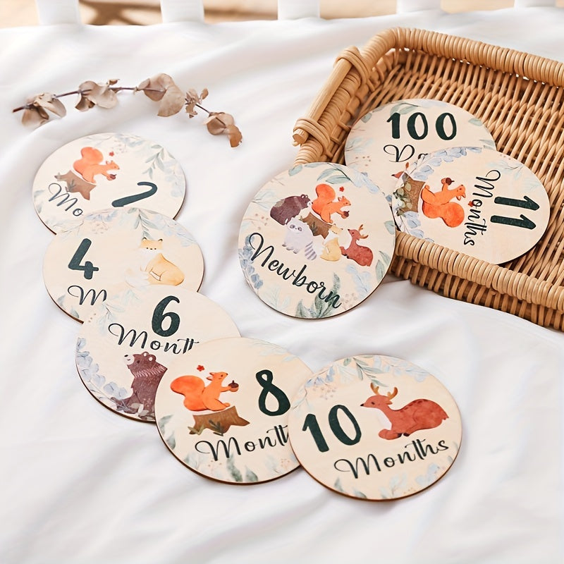 Wooden Baby Milestone Coasters Forest Animals Set for Growth Photos and Memories