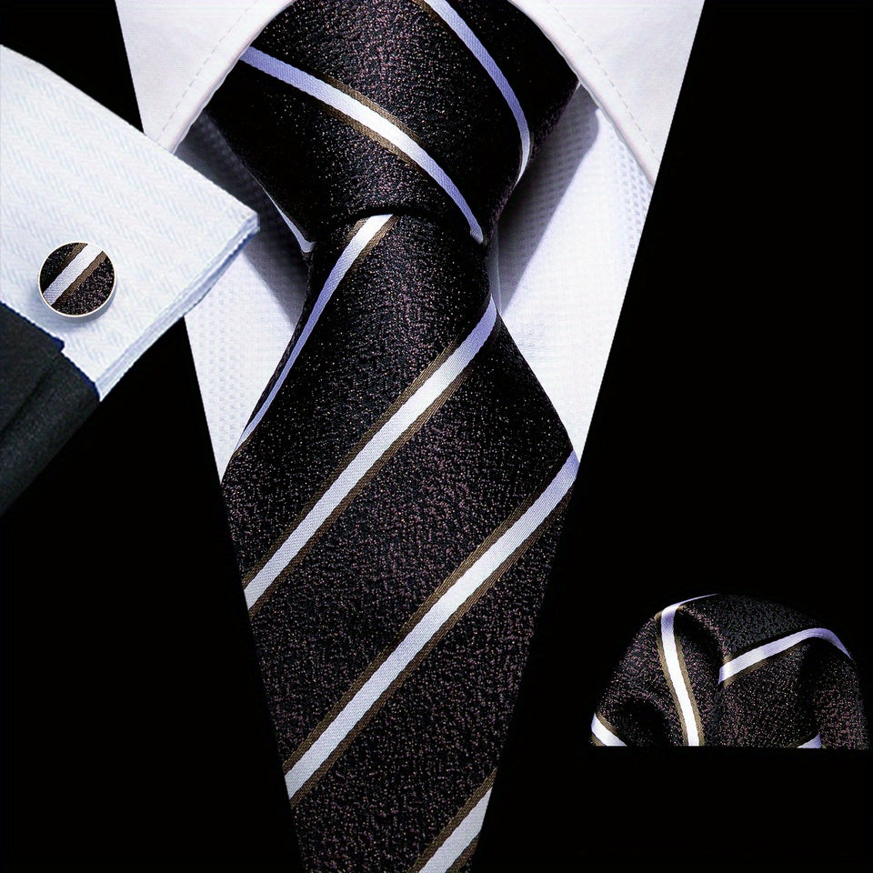 Men's Classic Striped Tie Set with Matching Handkerchief and Cufflinks for Formal and Casual Wear
