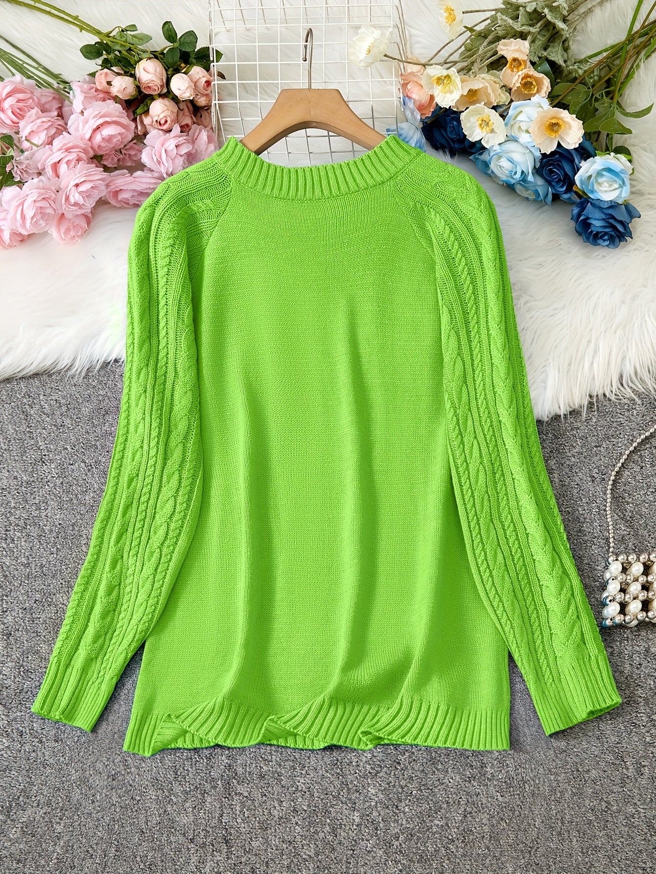 Women's Cozy Cable Knit Sweater Long Sleeve Round Neck Pullover