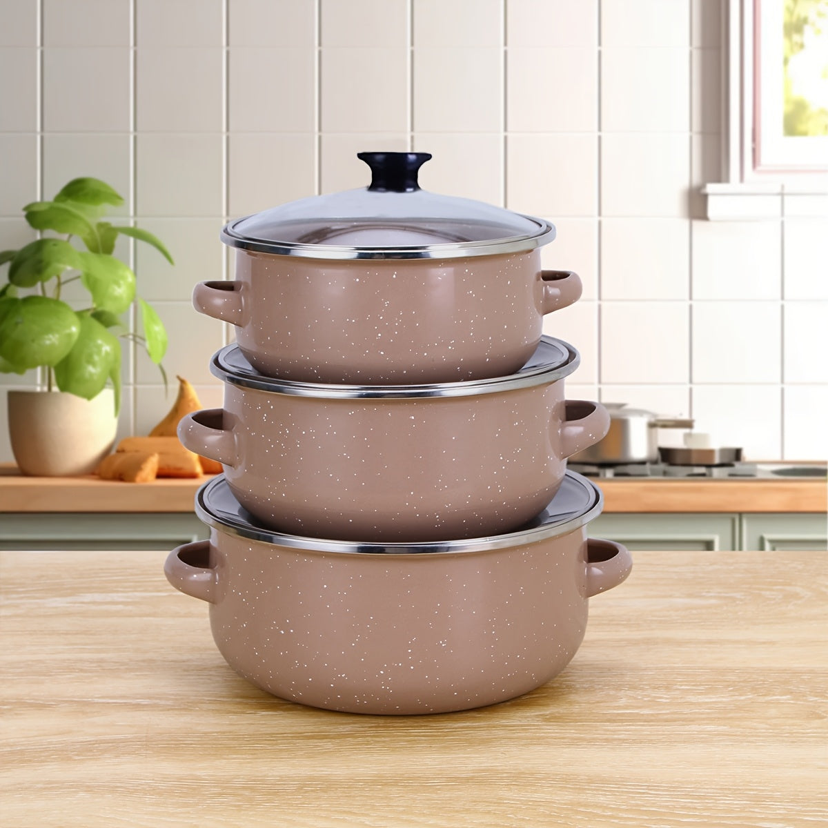 Enamel Cookware Set 3-Piece Lightweight Soup and Stew Pots for Induction Gas Stoves