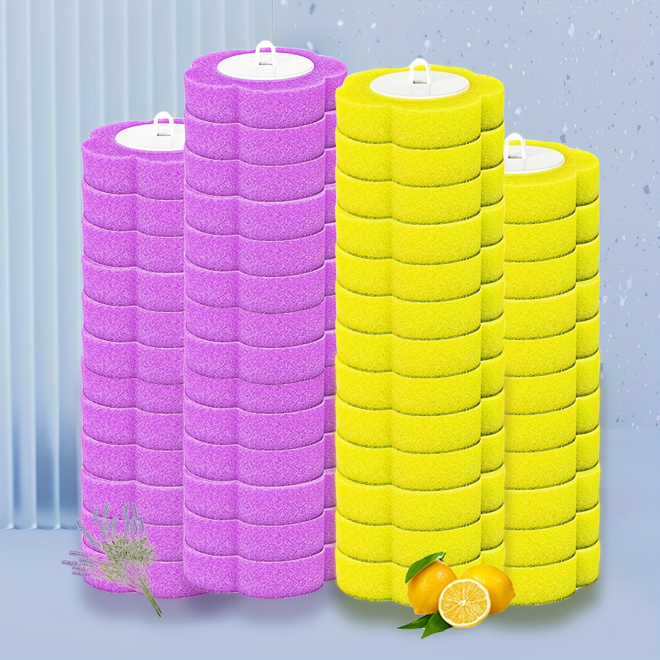 Replaceable Toilet Brush Set with 2 Replacement Heads in Yellow and Purple