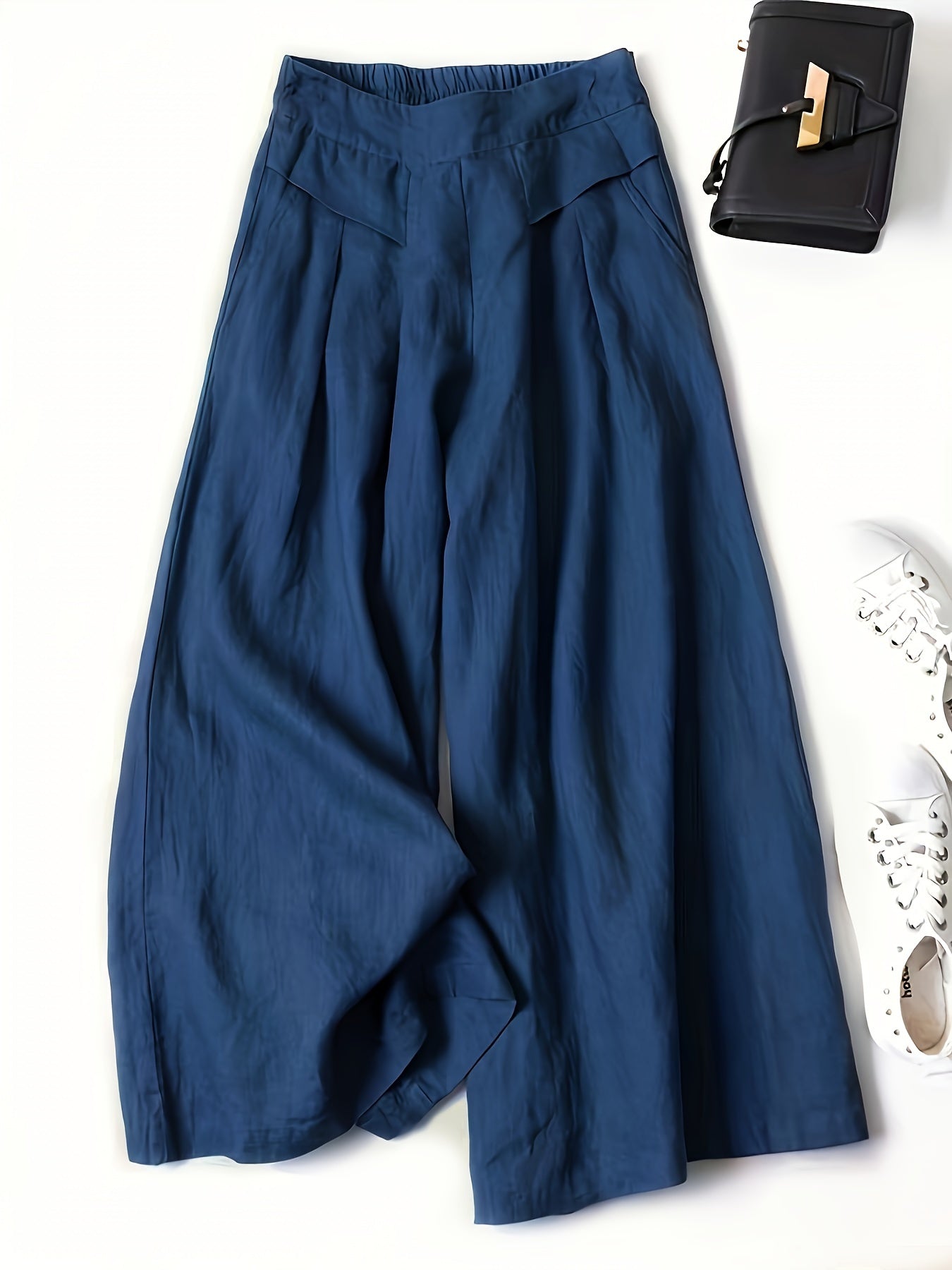 Women Plus Size High-Waist Wide-Leg Pants Blue Pockets Versatile
