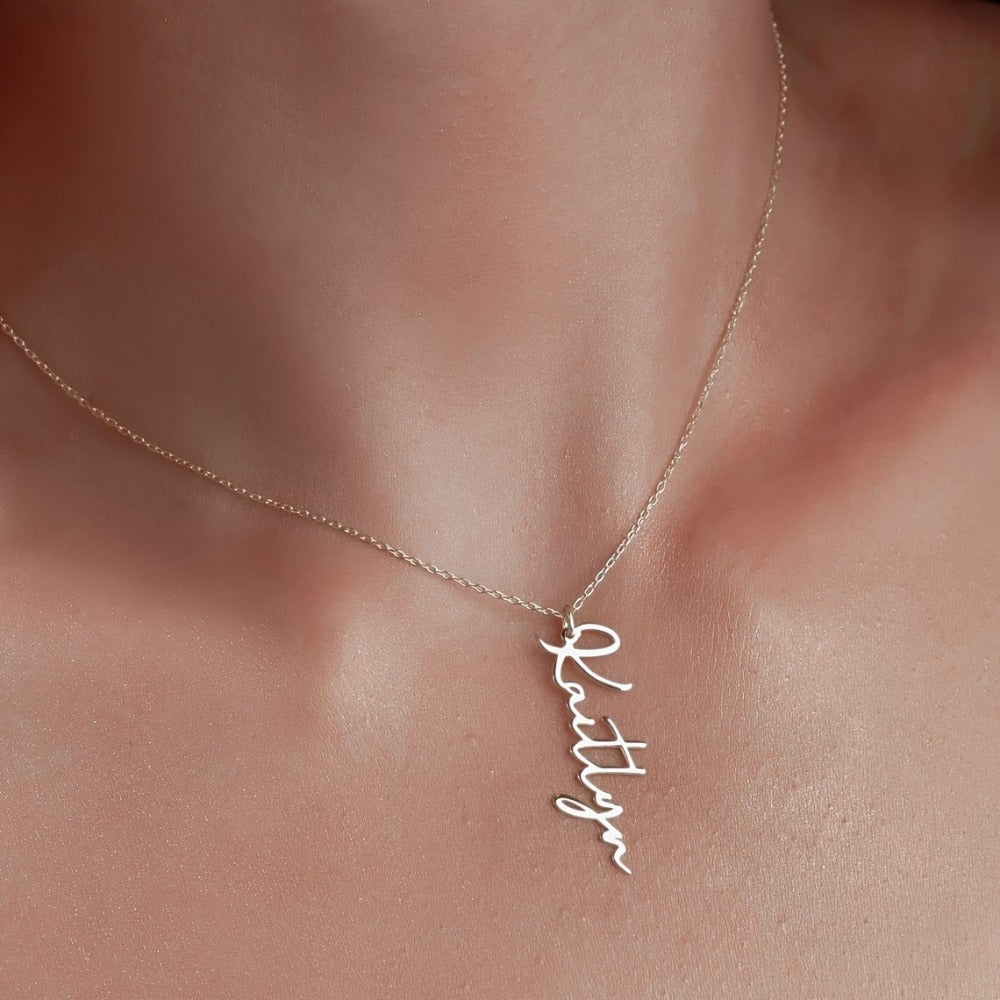 Personalized Stainless Steel Name Necklace Vertical Pendant Cursive Script for Women