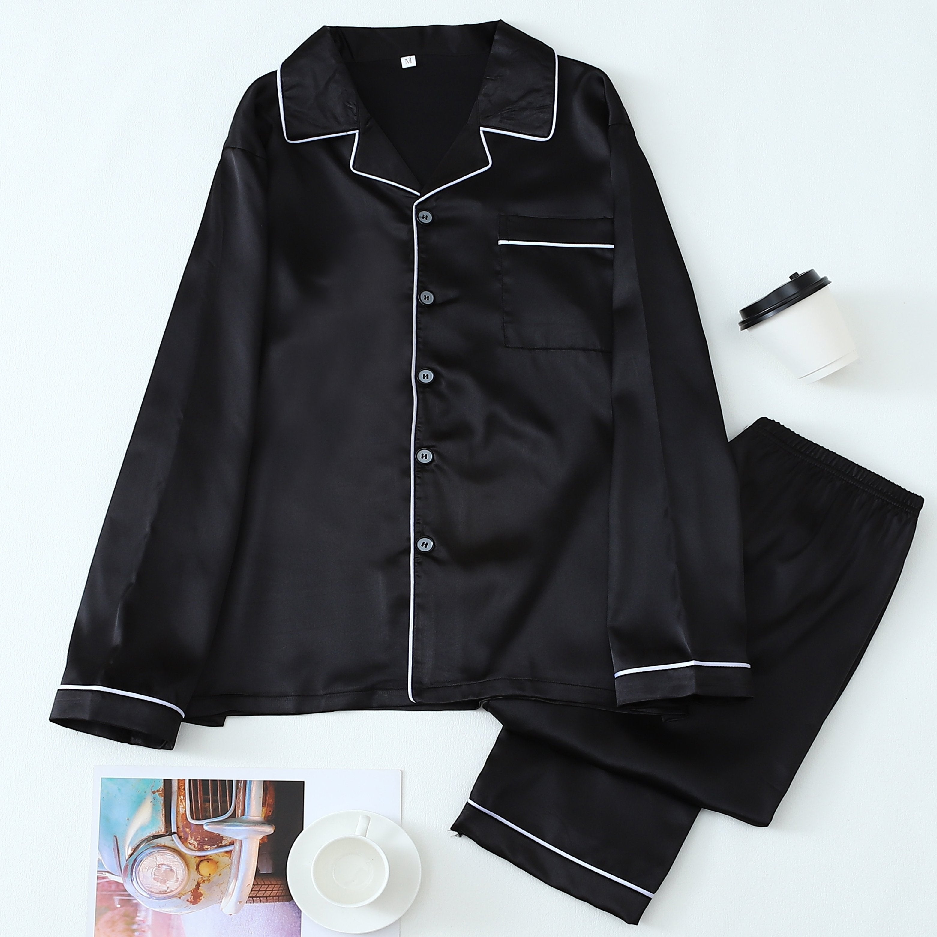 Conjunto de pijama de satén para hombre, manga larga, de color sólido, casual, con botones, para otoño e invierno