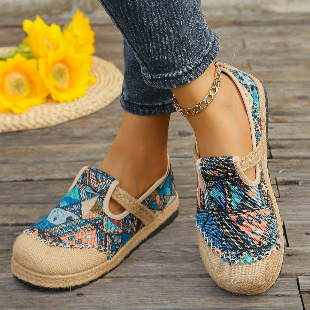 Women's Casual Espadrille Flats, Tribal Pattern Slip-On Breathable Shoes