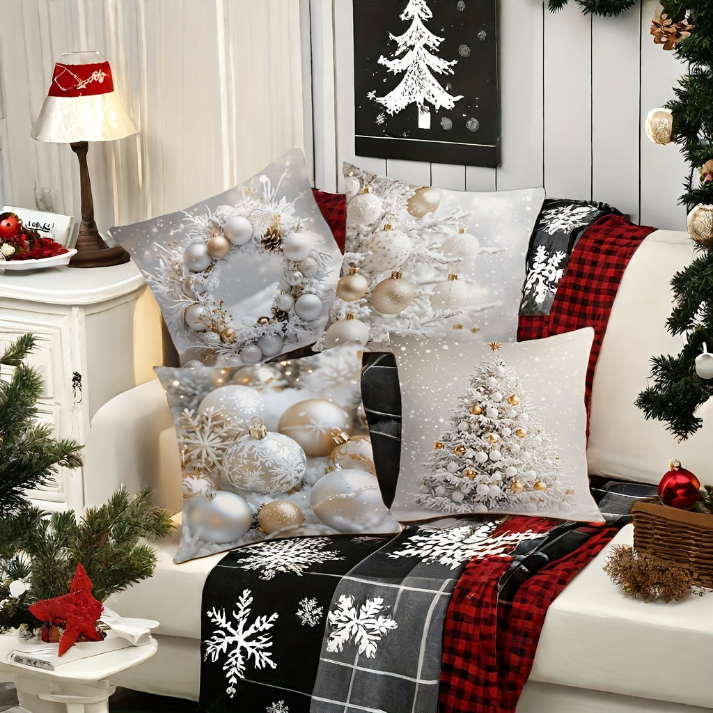 Set of 4 Christmas Throw Cushion Covers Wreath and Tree Prints Polyester 45cm