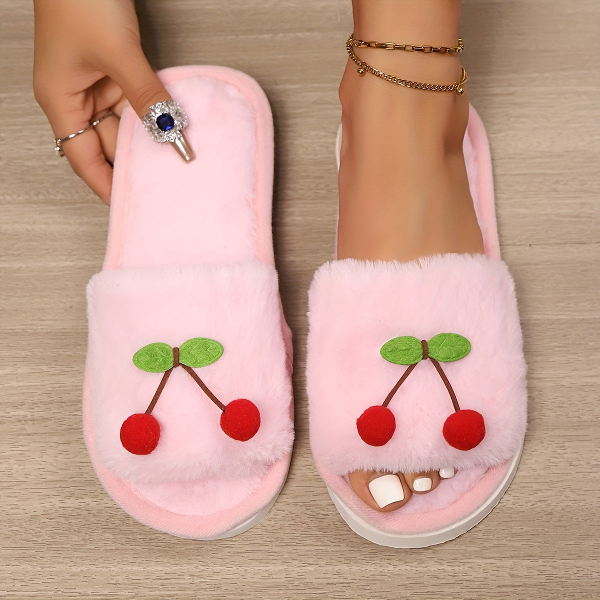 Women's Cherry and Green Leaf Slip-On Slippers, Soft EVA Sole, Indoor Outdoor