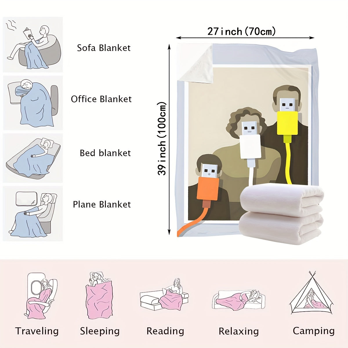 Soft Plush Throw Blanket USB Powered Cozy Warm for Office Living Room Bedroom