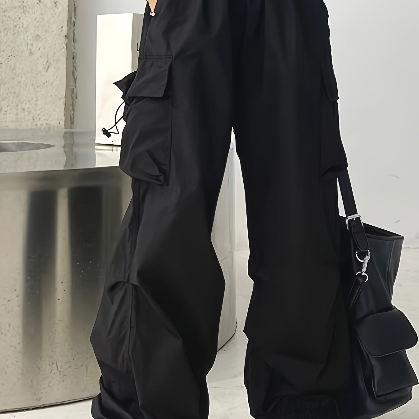 Women’s Polyester High-Waist Wide-Leg Cargo Pants with Pockets Beige