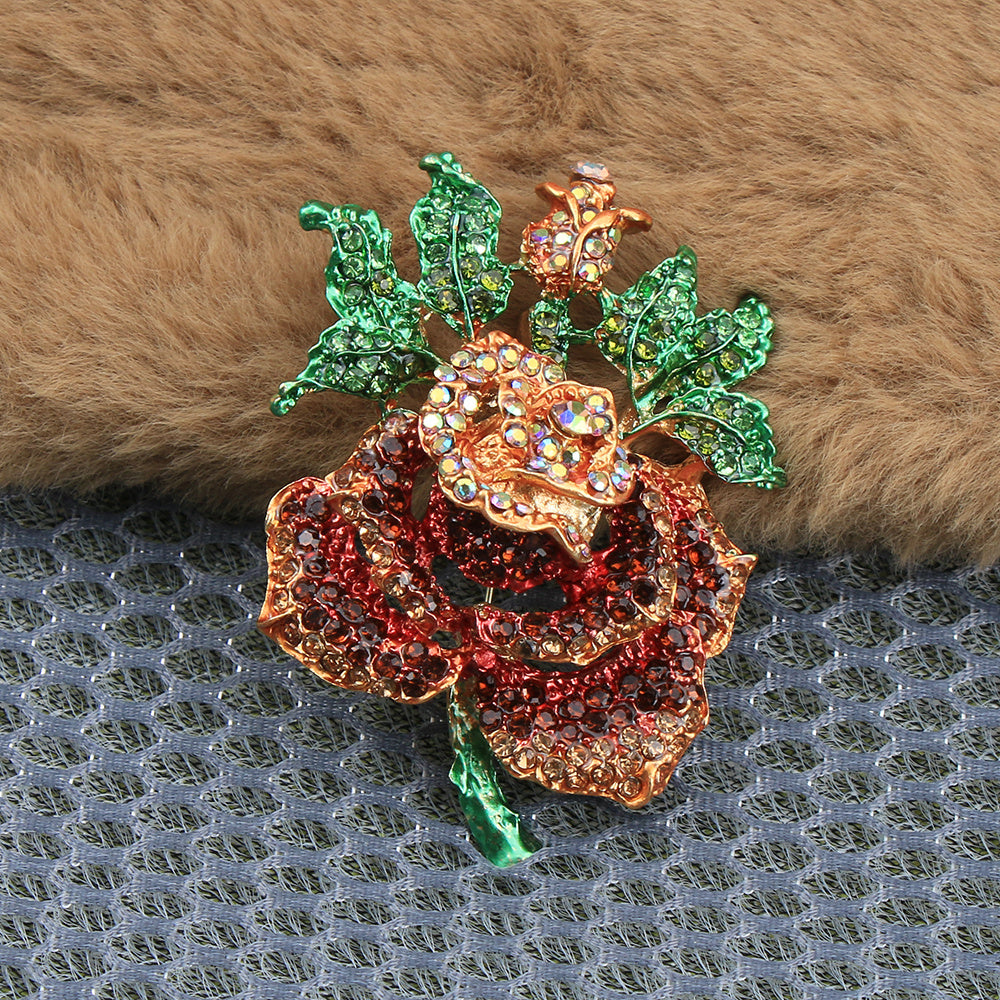 Vintage Cartoon Style Lotus Flower Brooch Pin Rhinestone Enamel Jewelry for Women