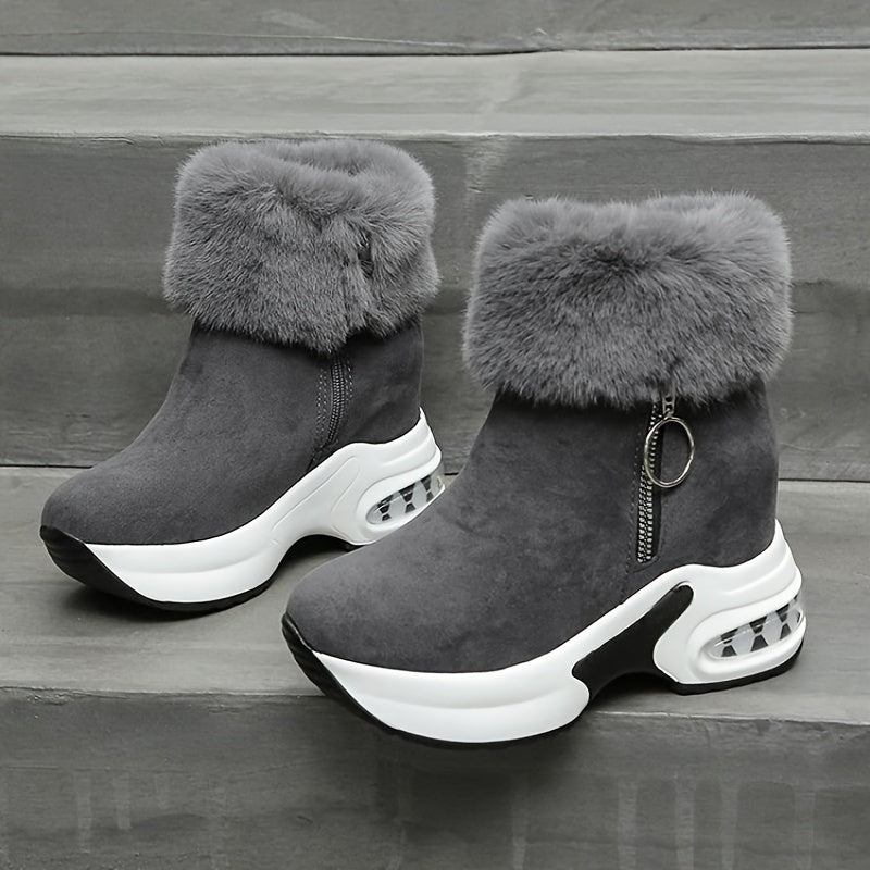 Women's Fleece-Lined Ankle Boots with Plush Collar, Zipper Closure, Traction, Black Brown Grey