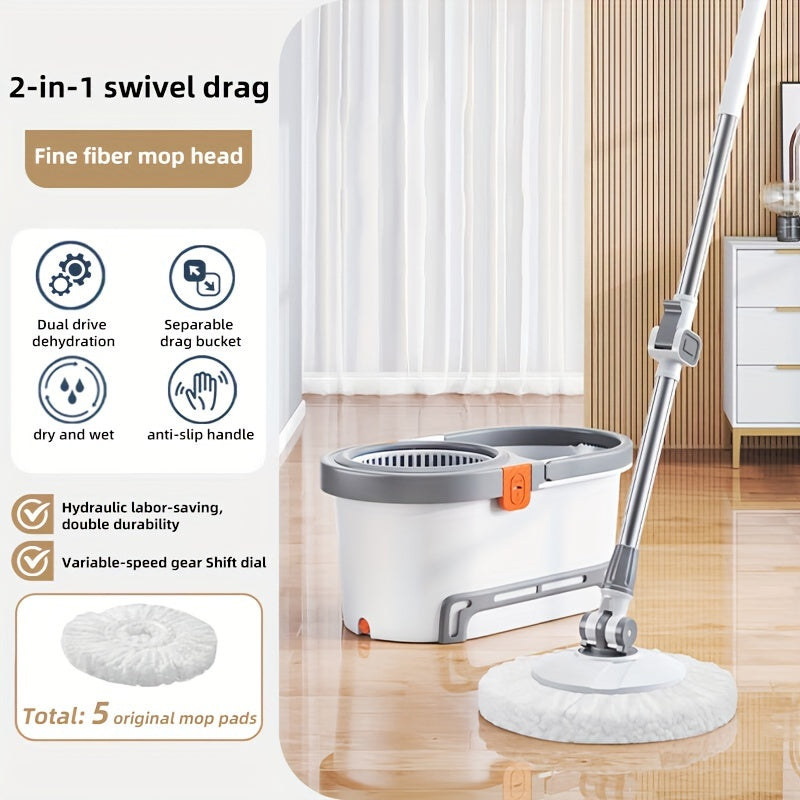 360° Rotating Mop Bucket System with 5 Fiber Mop Heads and Adjustable Handle