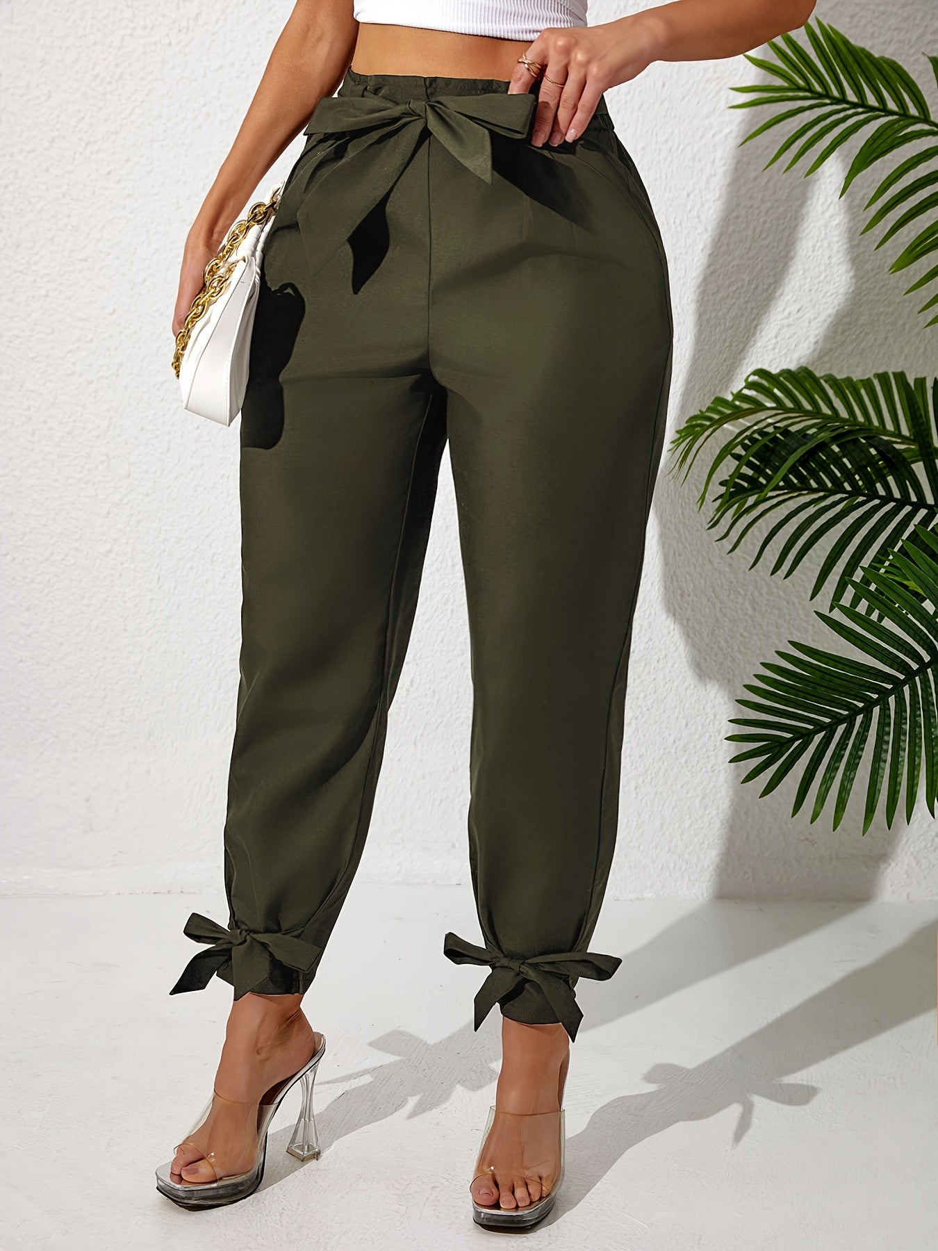 Plus Size Solid Straight Leg Pants with Elastic Drawstring Waist and Bow Detail for Spring and Summer