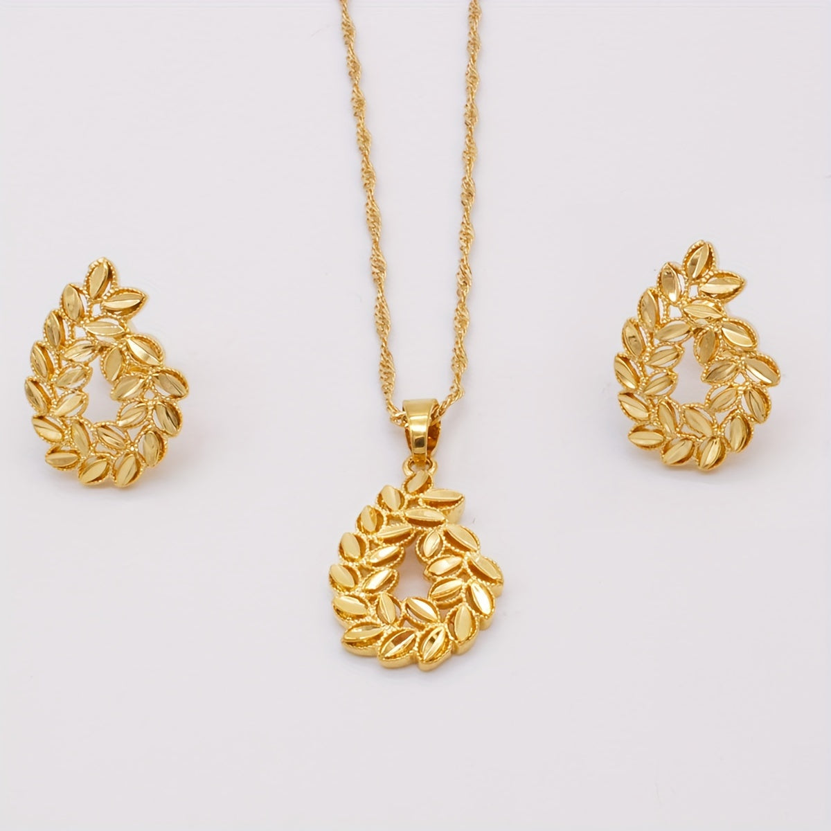 18k Gold Plated Jewelry Set Earrings and Necklace Wheat Design for Women