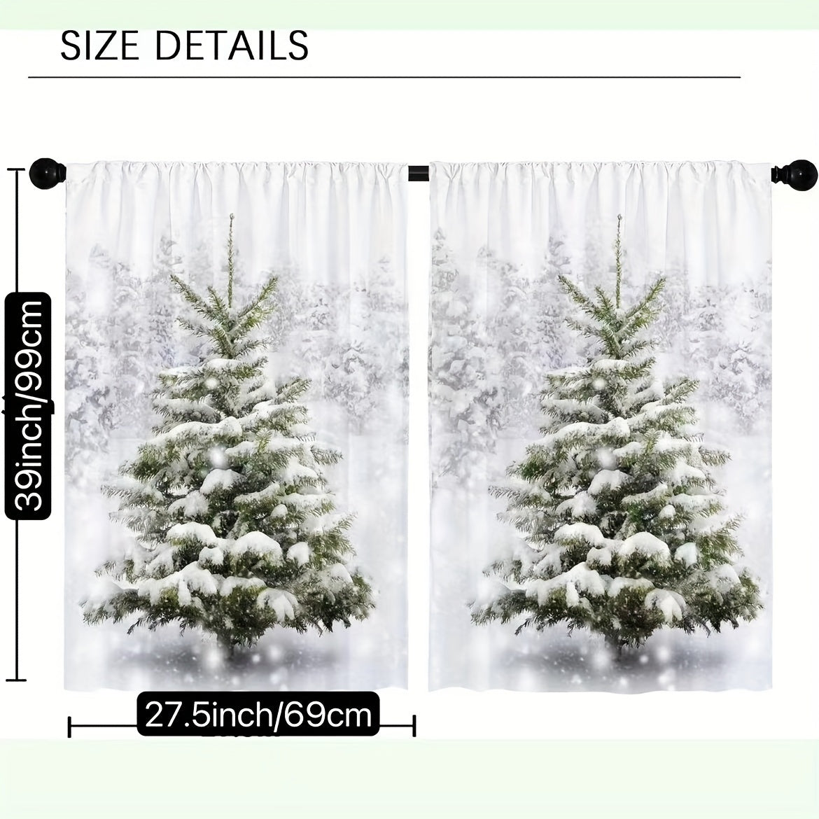 Juego de 2 cortinas verdes navideñas para café con diseño de árbol de pino y nieve, lavables en poliéster para sala de estar, cocina, oficina