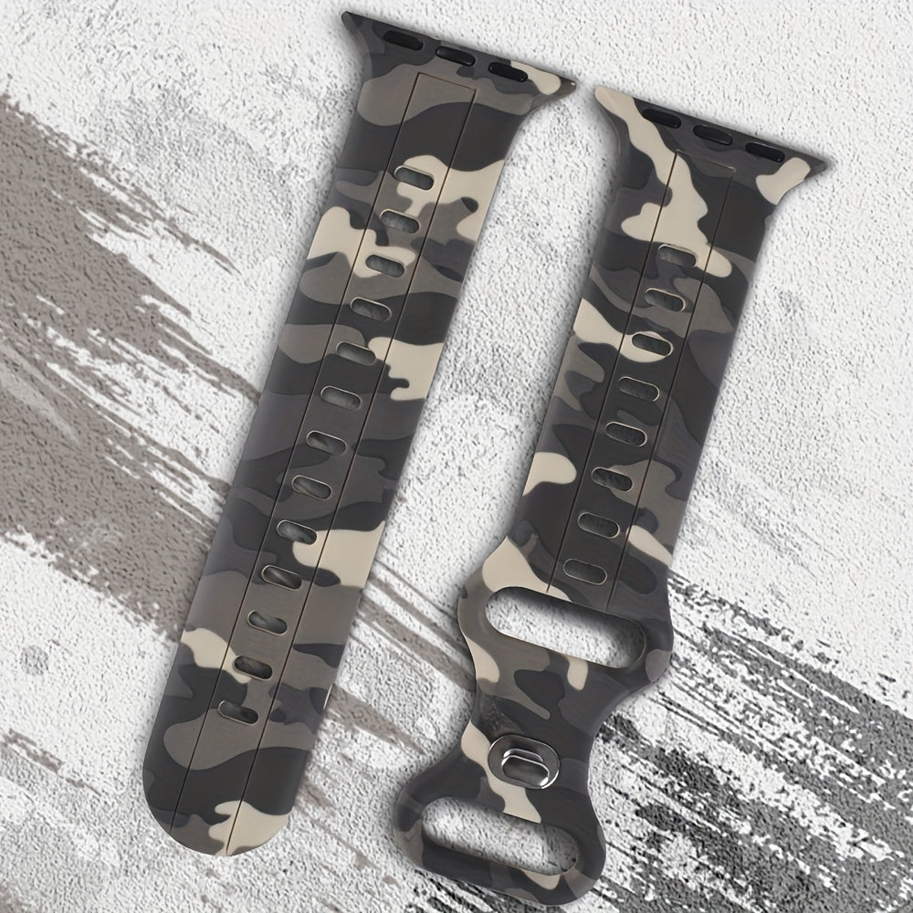 Ko'p rangli kamuflyaj silikondan yasalgan sport tasmasi IWatch Series 9-1 SE uchun, suv o'tkazmaydigan, terga chidamli, qulay, mustahkam, metall sozlash teshigi bilan, kapalak dumiga o'xshash dizayn.