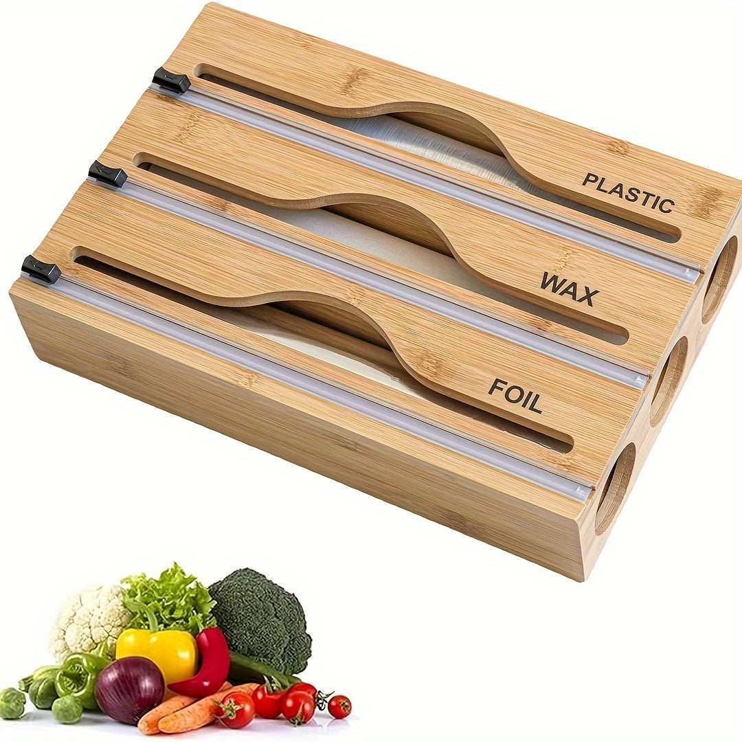 Bamboo Kitchen Organizer for Plastic Wrap Foil and Wax Paper Dispenser