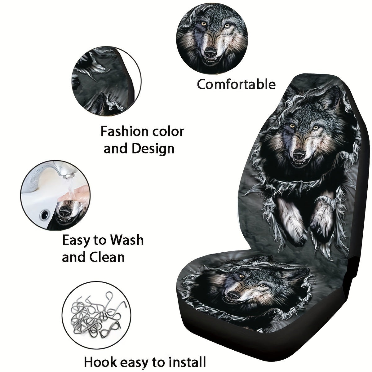 Universal Denim Seat Cover With Wolf Print for Car Interior