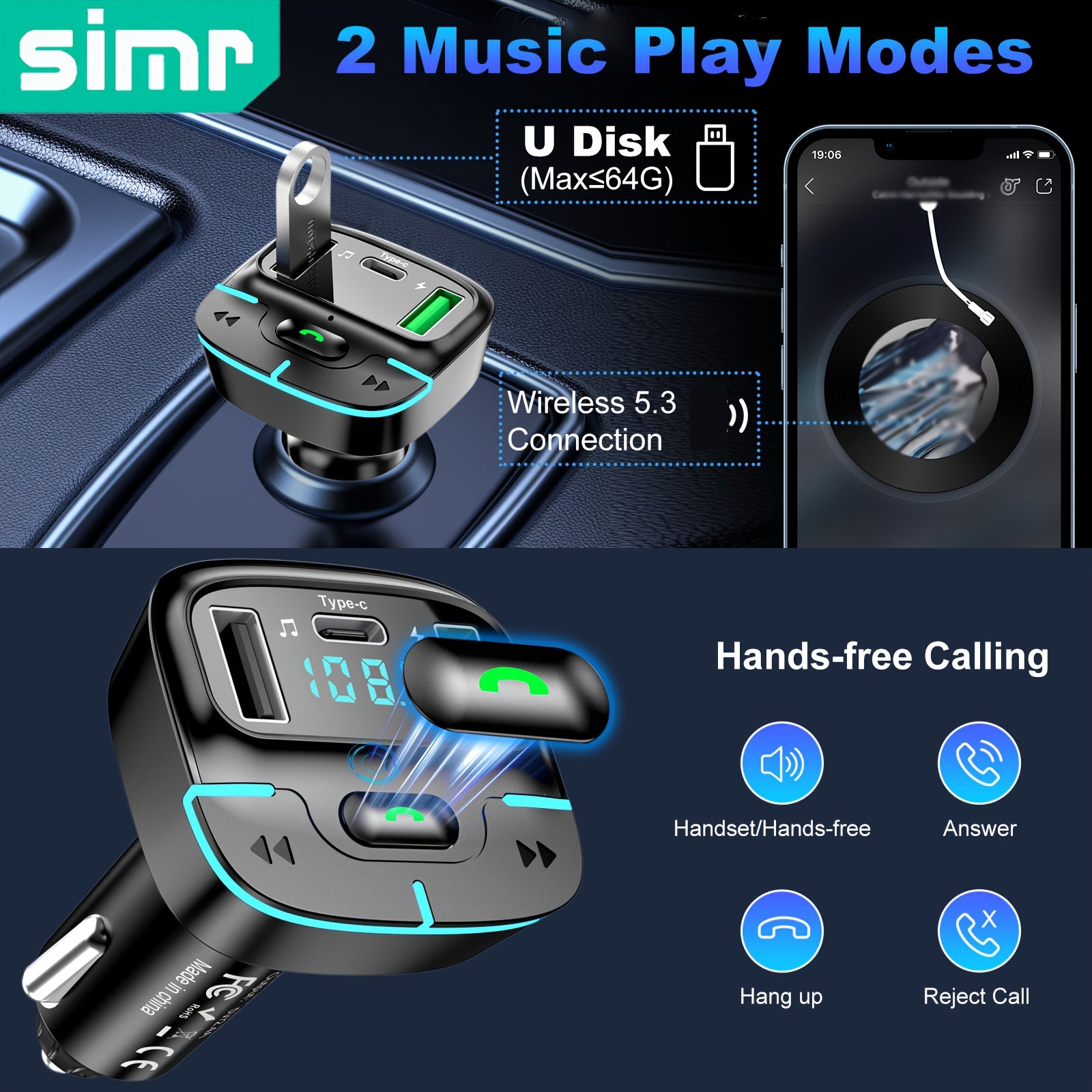 Car Phone Charger with FM Transmitter and Dual USB Fast Charging