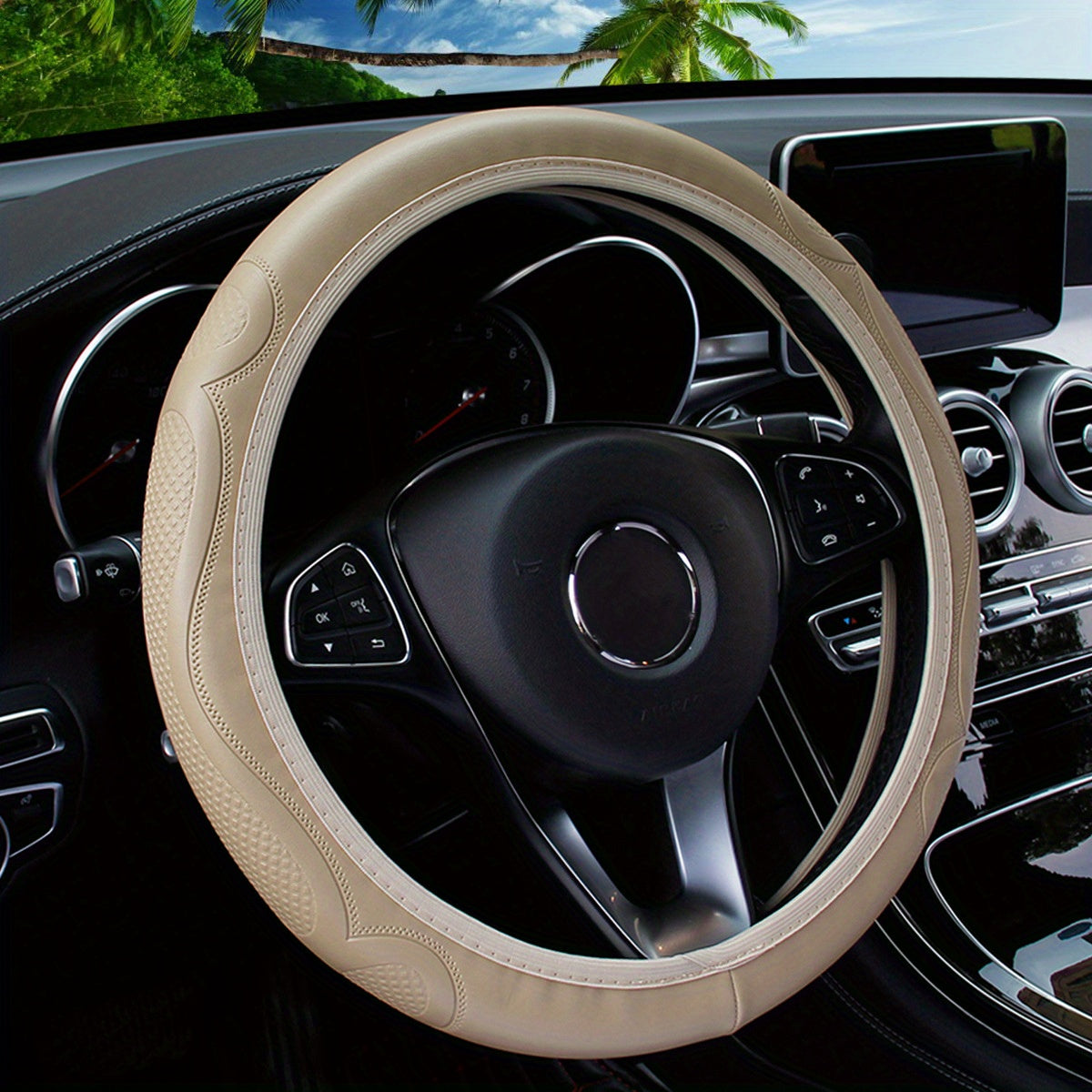 Universal Non-Slip PU Leather Steering Wheel Cover Black Red Stitching 36-38cm