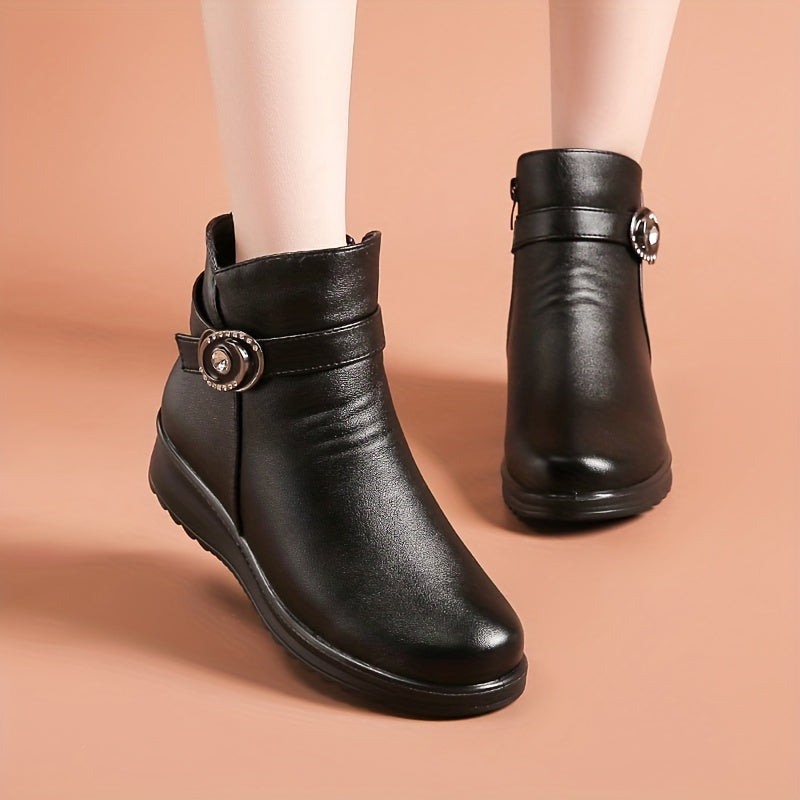 Mid-Aged Women's Fleece-Lined Short Ankle Boots Winter Warmth