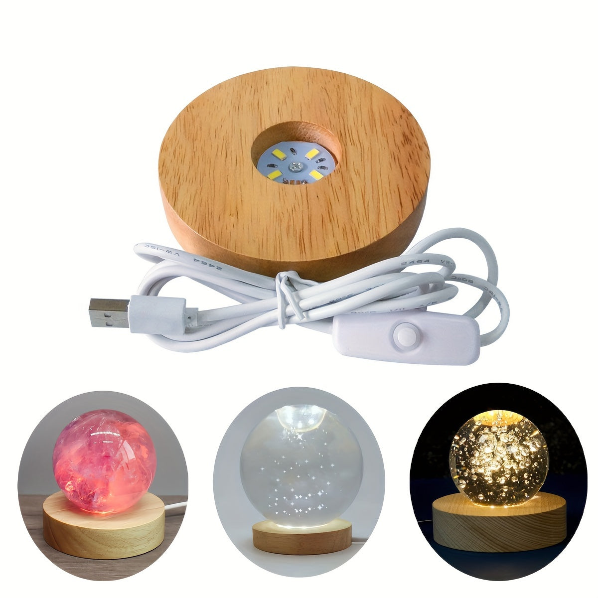 Handmade Wooden Night Light with Crystal Ball Base and LED Lamp Holder