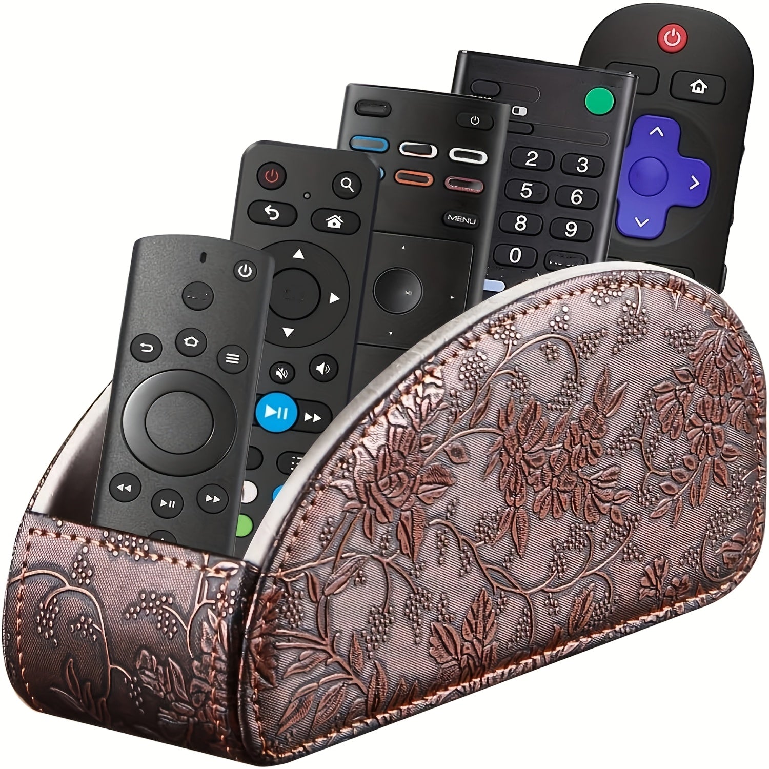 Faux Leather Remote Control Organizer with 5 Compartments for TV Remotes and Controllers