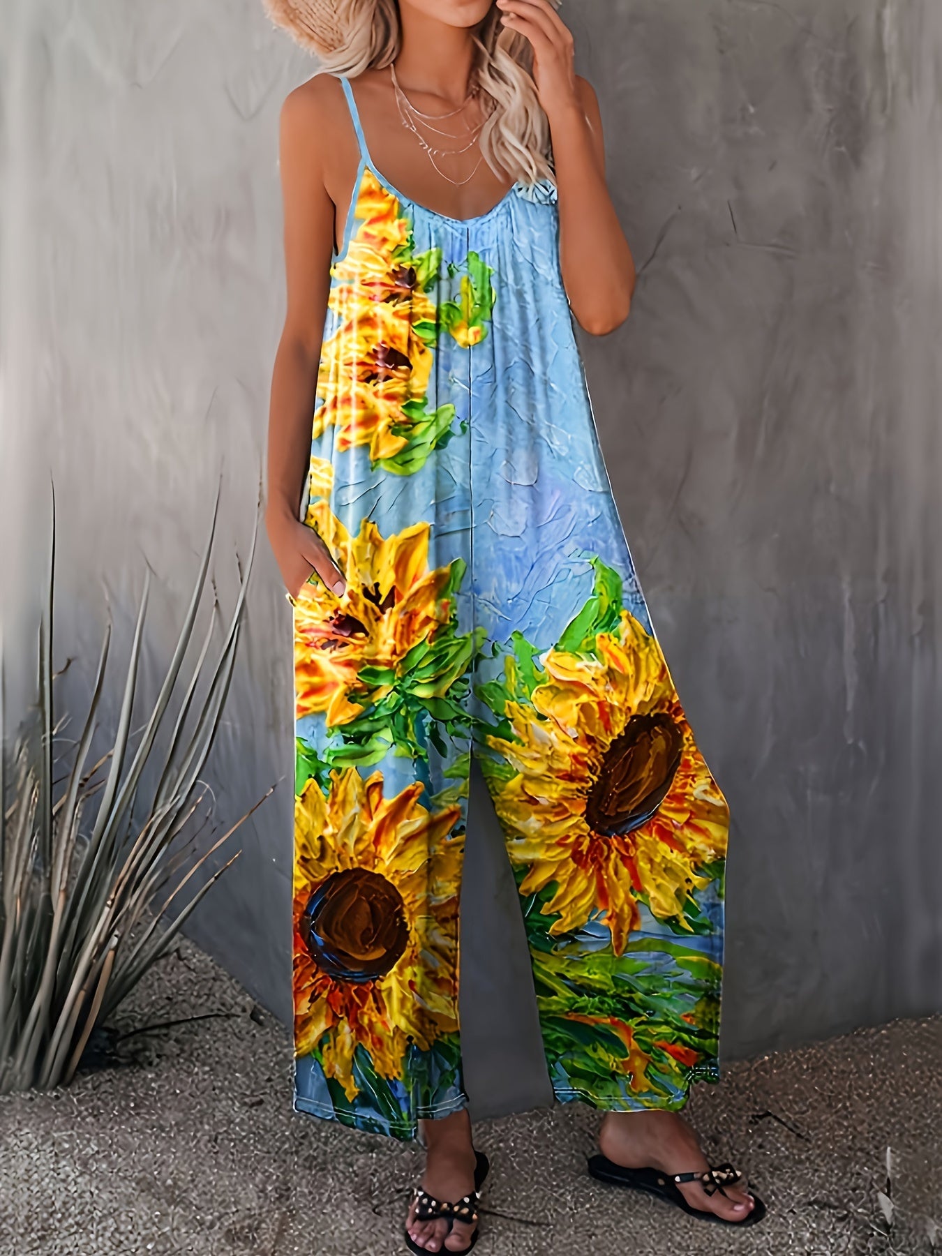 Women's Floral Print Wide-Leg Jumpsuit Ruffle Hem Casual Sleeveless Romper