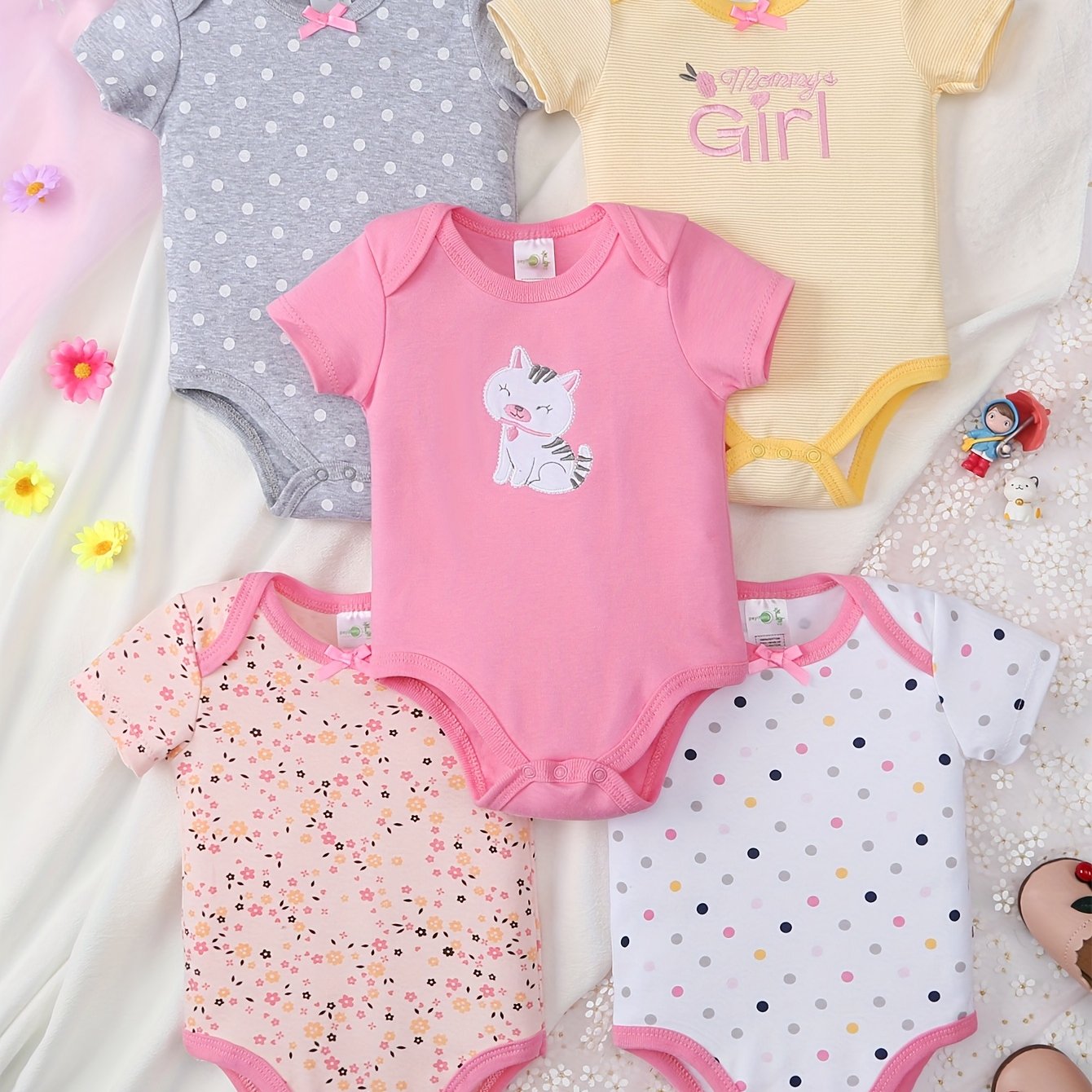 Conjunto de 5 bodies de algodón para bebé niña con petos de manga corta con bordado y patrón floral