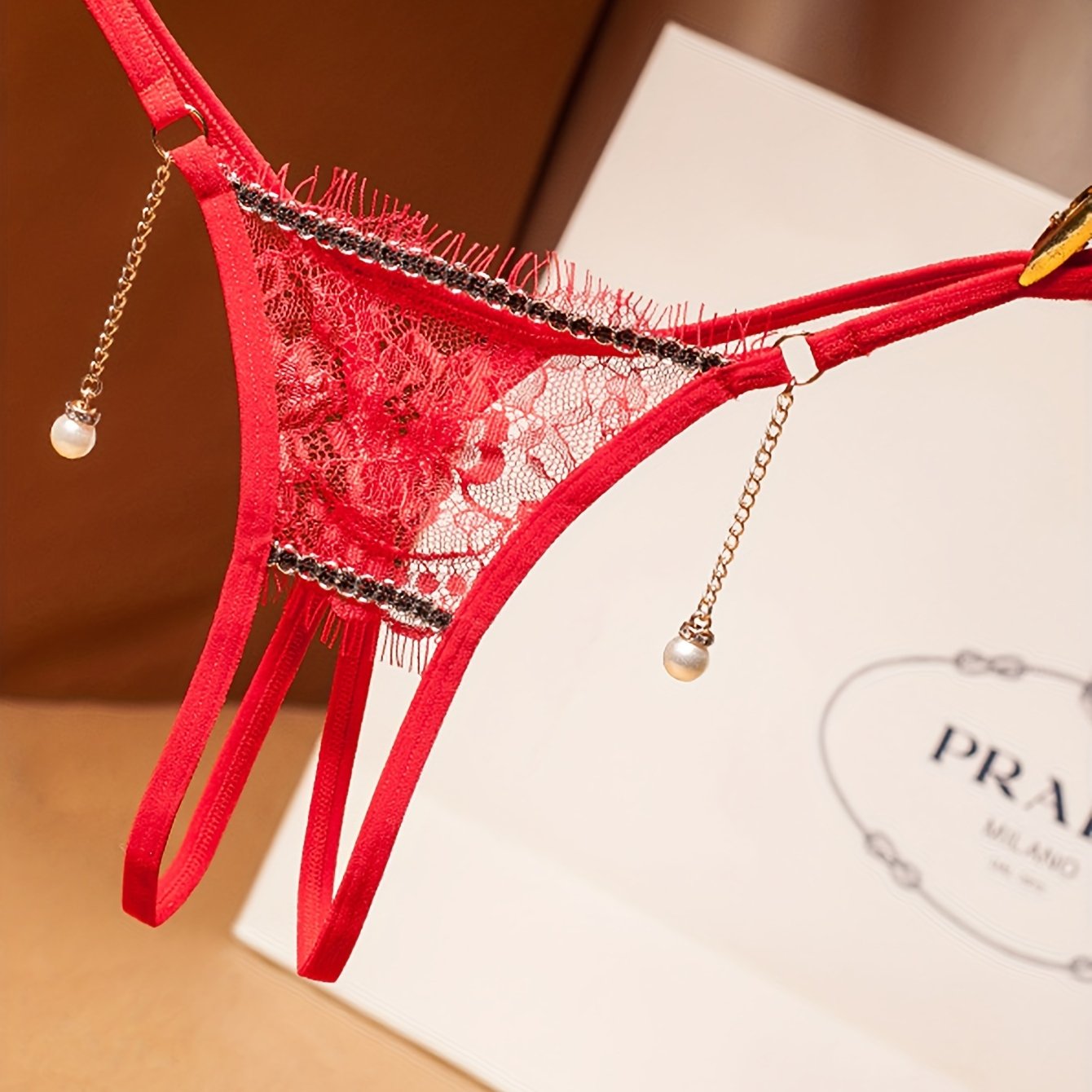 Women's Floral Lace Thong with Pearl Pendant Open Crotch Low Waist Lingerie