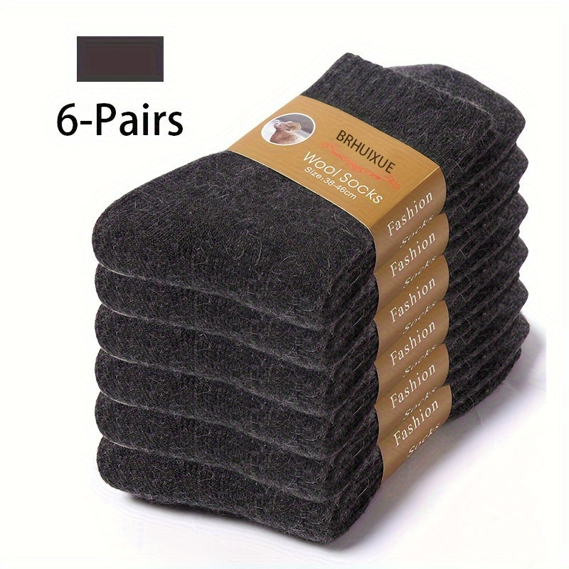 Men's Wool Crew Socks 6 Pairs Autumn Winter Soft Warm Breathable Solid