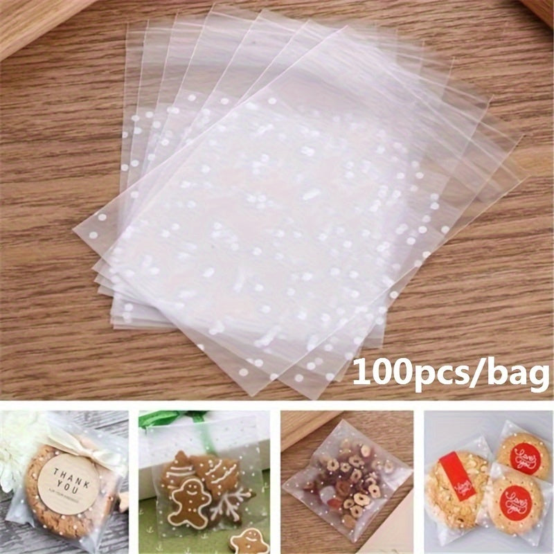 100 Pieces Frosted Self-Adhesive Clear Treat Bags with White Dots for Cakes Candies