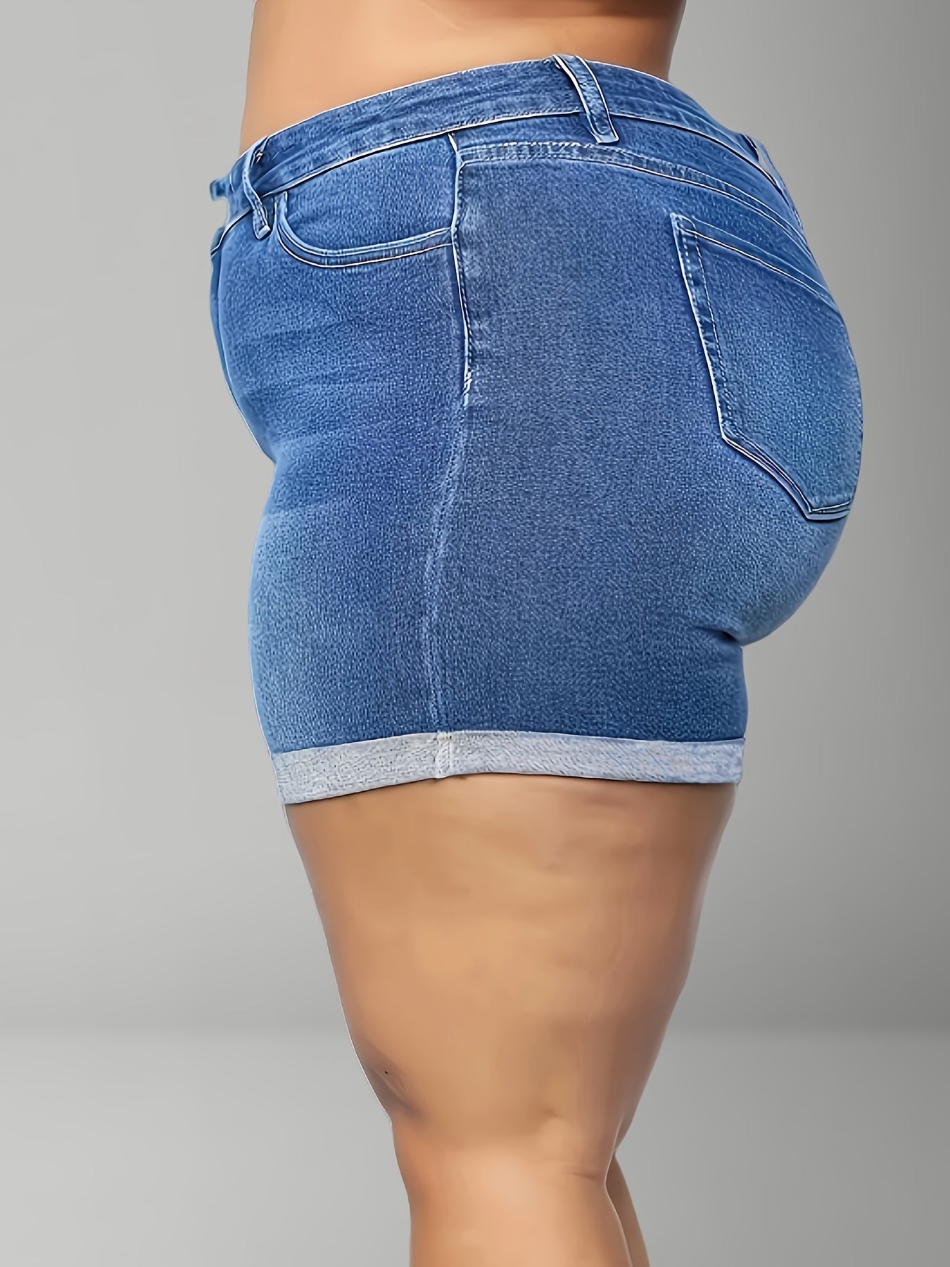 Plus Size Stretchy Versatile Rolled Hem Shorts for Women Blue 16 Inch Waist