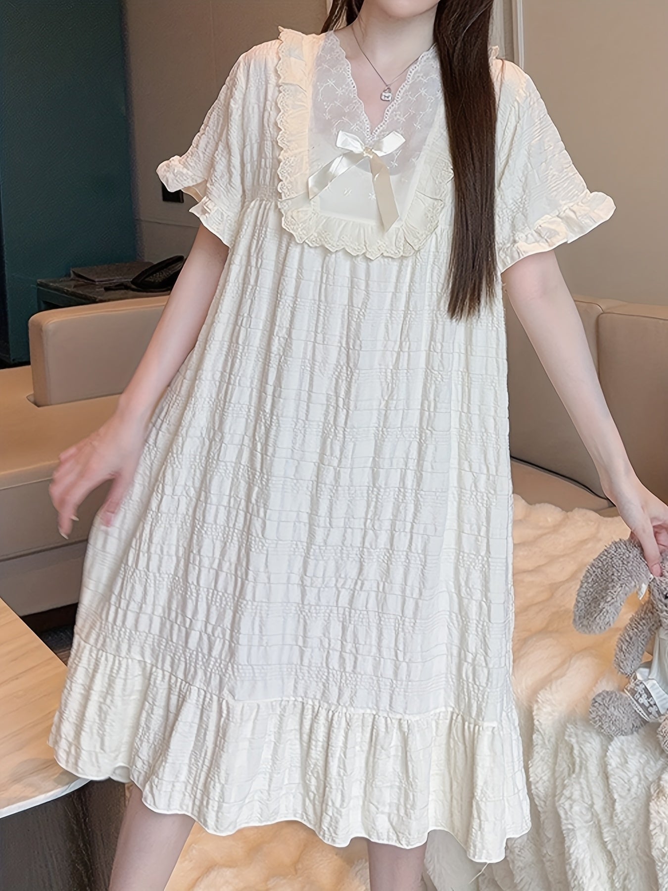 Женская ночная рубашка с коротким рукавом, летняя, с рюшами, свободного кроя, ночное платье